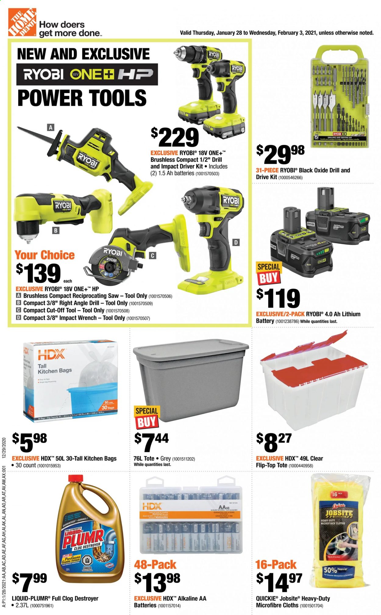 thumbnail - The Home Depot Flyer - January 28, 2021 - February 03, 2021 - Sales products - microfiber towel, bag, aa batteries, alkaline batteries, tote, drill, impact driver, power tools, Ryobi, saw, reciprocating saw. Page 1.