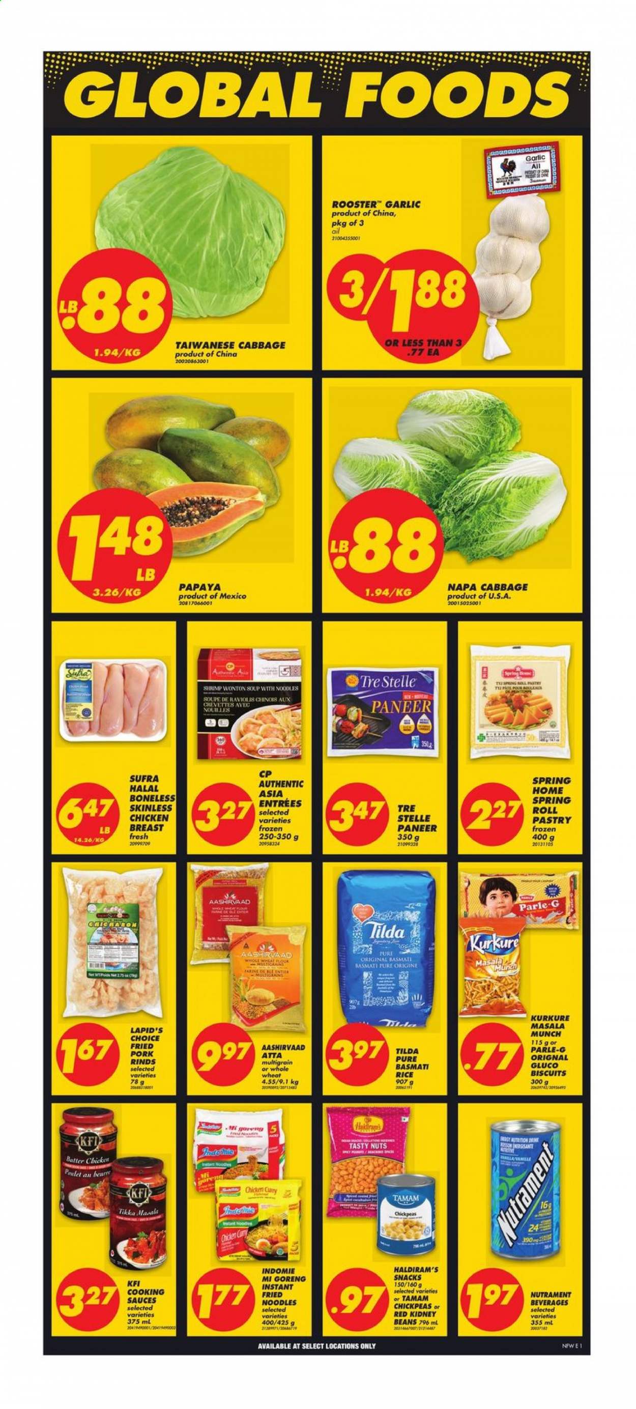 thumbnail - No Frills Flyer - January 28, 2021 - February 04, 2021 - Sales products - beans, cabbage, garlic, papaya, shrimps, Tikka Masala, paneer, snack, biscuit, Parle, flour, Aashirvaad, kidney beans, basmati rice, rice, chickpeas, chicken breasts, chicken. Page 1.