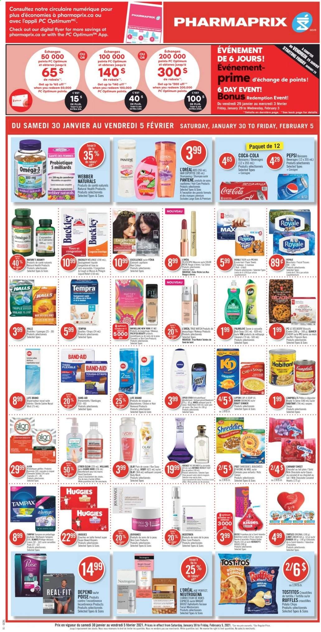 thumbnail - Pharmaprix Flyer - January 30, 2021 - February 05, 2021 - Sales products - tortillas, Campbell's, soup, Quaker, Kraft®, Hershey's, strips, Halls, chocolate, biscuit, potato chips, popcorn, Ruffles, Tostitos, cereals, caramel, Coca-Cola, Pepsi, Boost, nappies, tissues, body wash, Palmolive, soap bar, soap, tampons, facial tissues, L’Oréal, moisturizer, Olay, Speed Stick, hair removal, makeup, pan, paper, Nature's Bounty, Omega-3, Knorr, mascara, Maybelline, Neutrogena, Tampax, Versace, Huggies, Pantene, chips. Page 1.