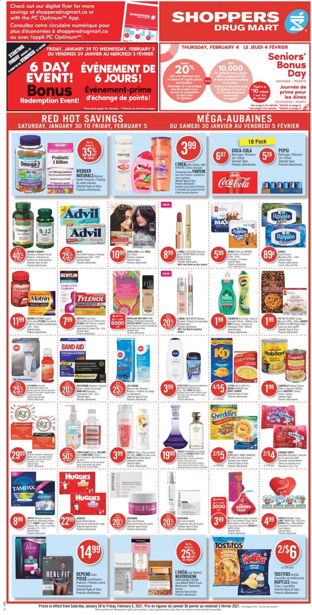 thumbnail - Shoppers Drug Mart Flyer - January 30, 2021 - February 05, 2021 - Sales products - milk chocolate, chocolate, Hershey's, biscuit, tortillas, potato chips, Ruffles, Tostitos, soup, cereals, Quaker, Campbell's, caramel, Kraft®, peanut butter, syrup, Coca-Cola, Pepsi, Boost, nappies, tissues, Always liners, kitchen towels, paper towels, body wash, Palmolive, soap bar, soap, tampons, facial tissues, L’Oréal, moisturizer, Olay, hair color, anti-perspirant, Speed Stick, hair removal, lipstick, makeup, pain relief, Nature's Bounty, Tylenol, Omega-3, Advil Rapid, Benylin, Motrin, Knorr, mascara, Maybelline, Neutrogena, shampoo, Tampax, Versace, Huggies, Pantene, chips, deodorant. Page 1.