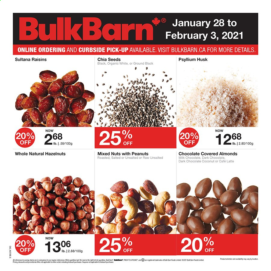 thumbnail - Circulaire Bulk Barn - 28 Janvier 2021 - 03 Février 2021 - Produits soldés - café, raisins. Page 1.