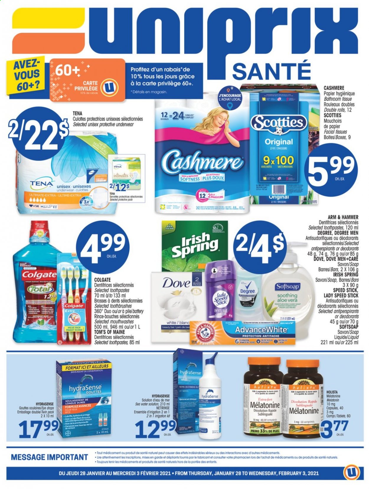 thumbnail - Uniprix Santé Flyer - January 28, 2021 - February 03, 2021 - Sales products - ARM & HAMMER, bath tissue, Softsoap, hand soap, soap, facial tissues, Speed Stick, Melatonin, eye drops, deodorant. Page 1.