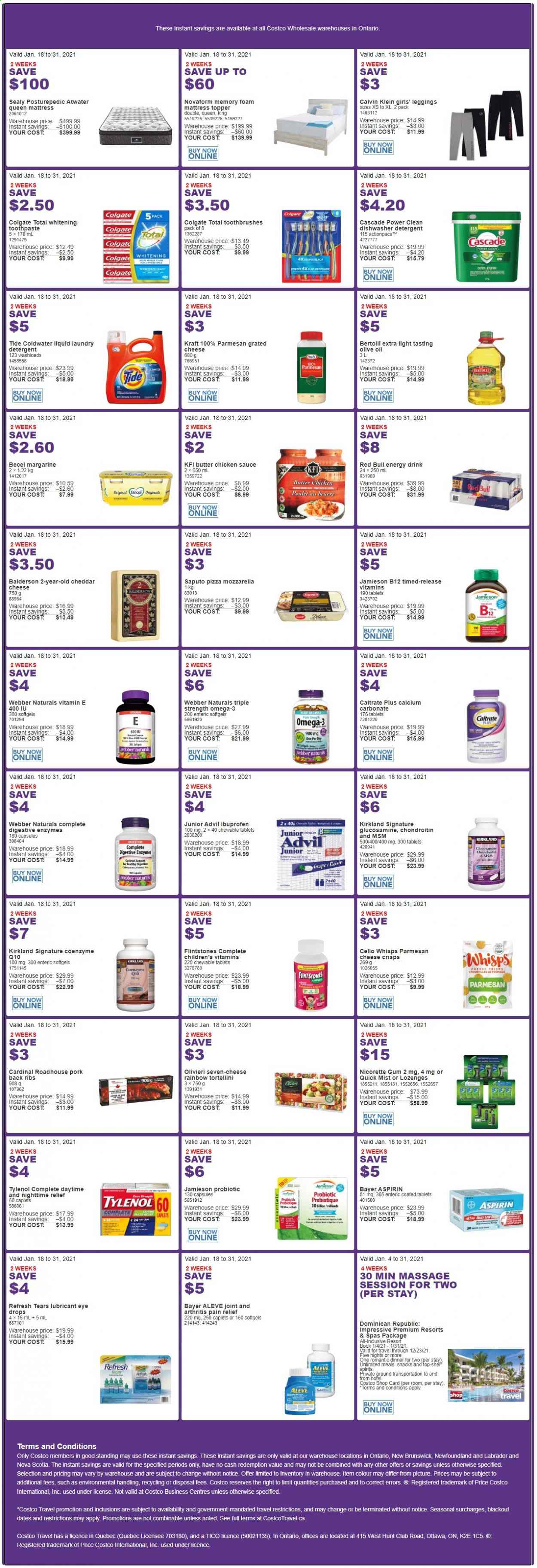 thumbnail - Costco Flyer - January 18, 2021 - January 31, 2021 - Sales products - pizza, sauce, tortellini, Kraft®, Bertolli, cheddar, parmesan, grated cheese, margarine, snack, Digestive, olive oil, oil, energy drink, Red Bull, pork meat, pork ribs, pork back ribs, Tide, laundry detergent, Cascade, toothpaste, lubricant, Cello, book, mattress protector, topper, foam mattress, leggings, blackout, pain relief, Aleve, glucosamine, Nicorette, Tylenol, Ibuprofen, Omega-3, eye drops, Advil Rapid, Nicorette Gum, aspirin, Bayer. Page 1.