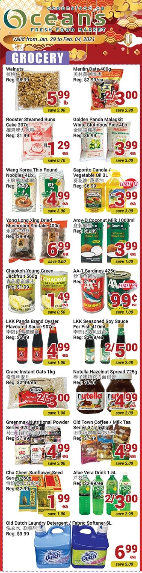 thumbnail - Oceans Flyer - January 29, 2021 - February 04, 2021 - Sales products - mushrooms, cake, buns, sardines, oysters, fish, noodles, oats, coconut milk, rice, soy sauce, vegetable oil, oil, hazelnut spread, walnuts, tea, coffee, fabric softener, laundry detergent, Nutella. Page 1.