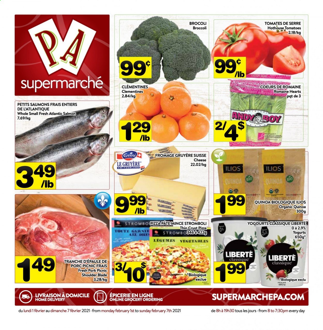 thumbnail - PA Supermarché Flyer - February 01, 2021 - February 07, 2021 - Sales products - broccoli, clementines, salmon, pizza, Gruyere, quinoa. Page 1.