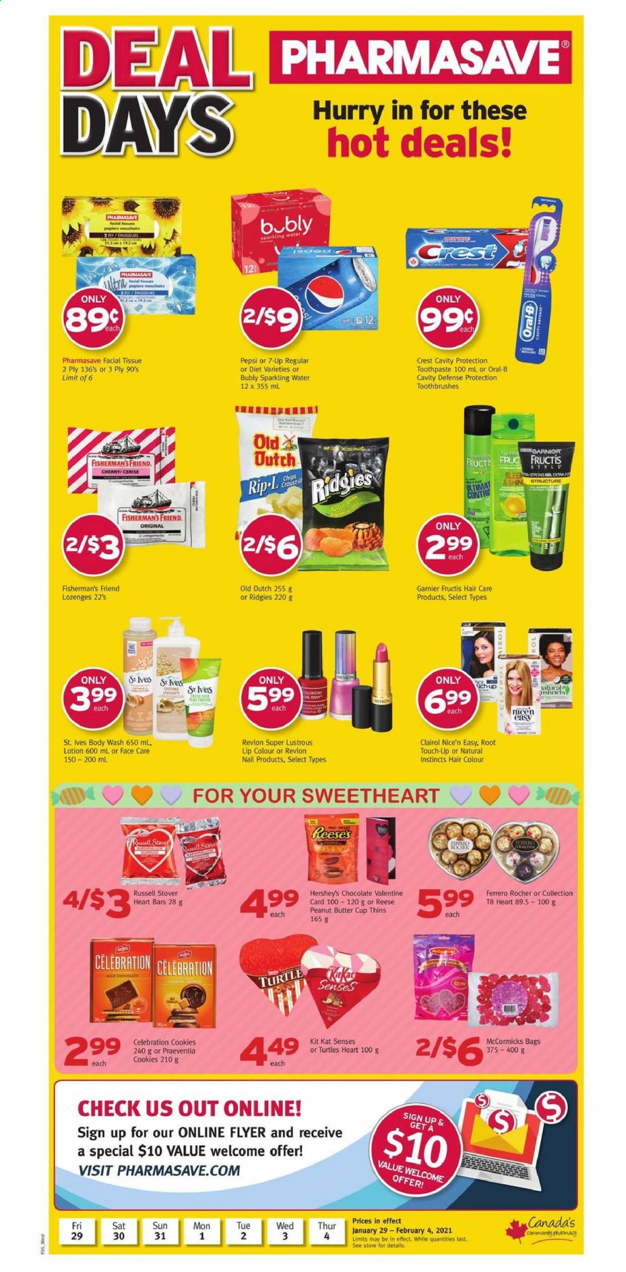 thumbnail - Pharmasave Flyer - January 29, 2021 - February 04, 2021 - Sales products - Reese's, Hershey's, cookies, chocolate, KitKat, Celebration, peanut butter cups, Thins, peanut butter, Pepsi, 7UP, sparkling water, tissues, body wash, toothpaste, Crest, Root Touch-Up, Clairol, Revlon, hair color, Fructis, body lotion, bag, cup, Garnier, Oral-B, chips. Page 1.