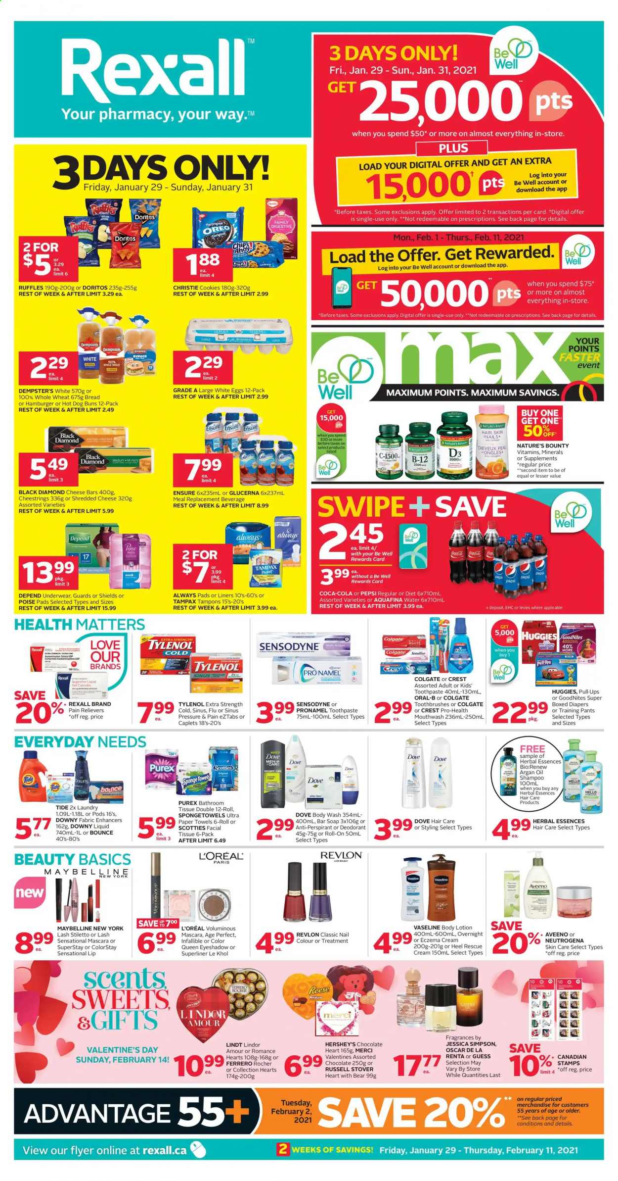 thumbnail - Rexall Flyer - January 29, 2021 - February 11, 2021 - Sales products - cookies, chocolate, Hershey's, Merci, Doritos, Ruffles, Coca-Cola, Pepsi, Aquafina, pants, nappies, baby pants, Aveeno, tissues, kitchen towels, paper towels, Tide, Bounce, Purex, Downy Laundry, body wash, Vaseline, soap bar, soap, toothpaste, mouthwash, Crest, Always pads, sanitary pads, tampons, L’Oréal, Revlon, Herbal Essences, body lotion, anti-perspirant, roll-on, Guess, Mum, eyeshadow, sponge, Nature's Bounty, Tylenol, Ibuprofen, Glucerna, argan oil, vitamin D3, Oreo, mascara, Maybelline, Neutrogena, shampoo, Tampax, Huggies, Oral-B, chips, Sensodyne, deodorant. Page 1.