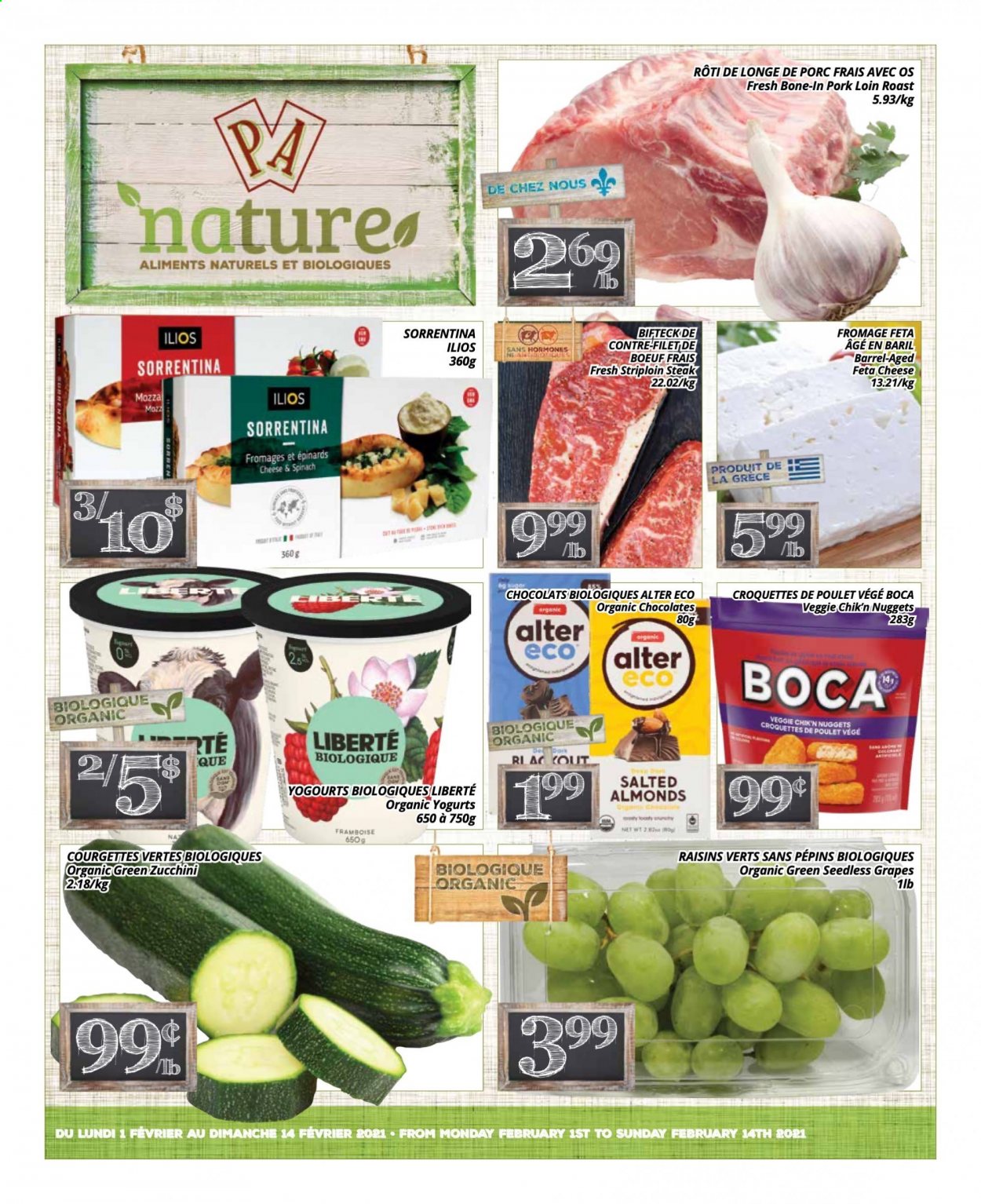 thumbnail - PA Nature Flyer - February 01, 2021 - February 14, 2021 - Sales products - zucchini, grapes, seedless grapes, nuggets, feta, potato croquettes, chocolate, almonds, dried fruit, beef meat, striploin steak, pork loin, pork meat, raisins, steak. Page 1.