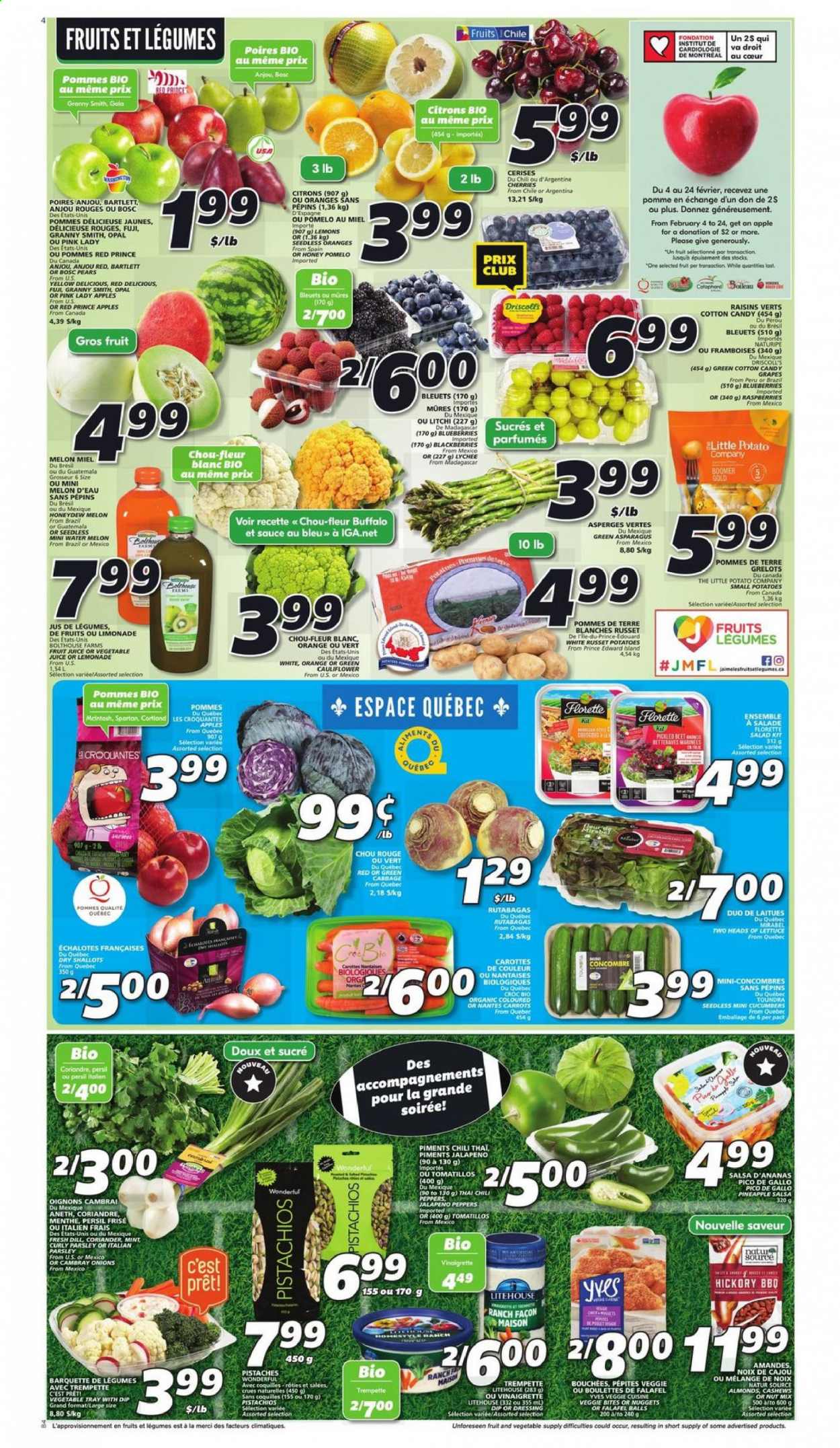 thumbnail - IGA Flyer - February 04, 2021 - February 10, 2021 - Sales products - cabbage, carrots, cucumber, russet potatoes, shallots, tomatillo, potatoes, parsley, onion, lettuce, salad, jalapeño, apples, blackberries, blueberries, Gala, grapes, lychee, Red Delicious apples, watermelon, honeydew, pineapple, pears, melons, lemons, pomelo, Granny Smith, Pink Lady, nuggets, sauce, dip, cotton candy, Merci, dill, coriander, vinaigrette dressing, dressing, salsa, almonds, cashews, dried fruit, pistachios, lemonade, juice, fruit juice, vegetable juice, raisins. Page 3.