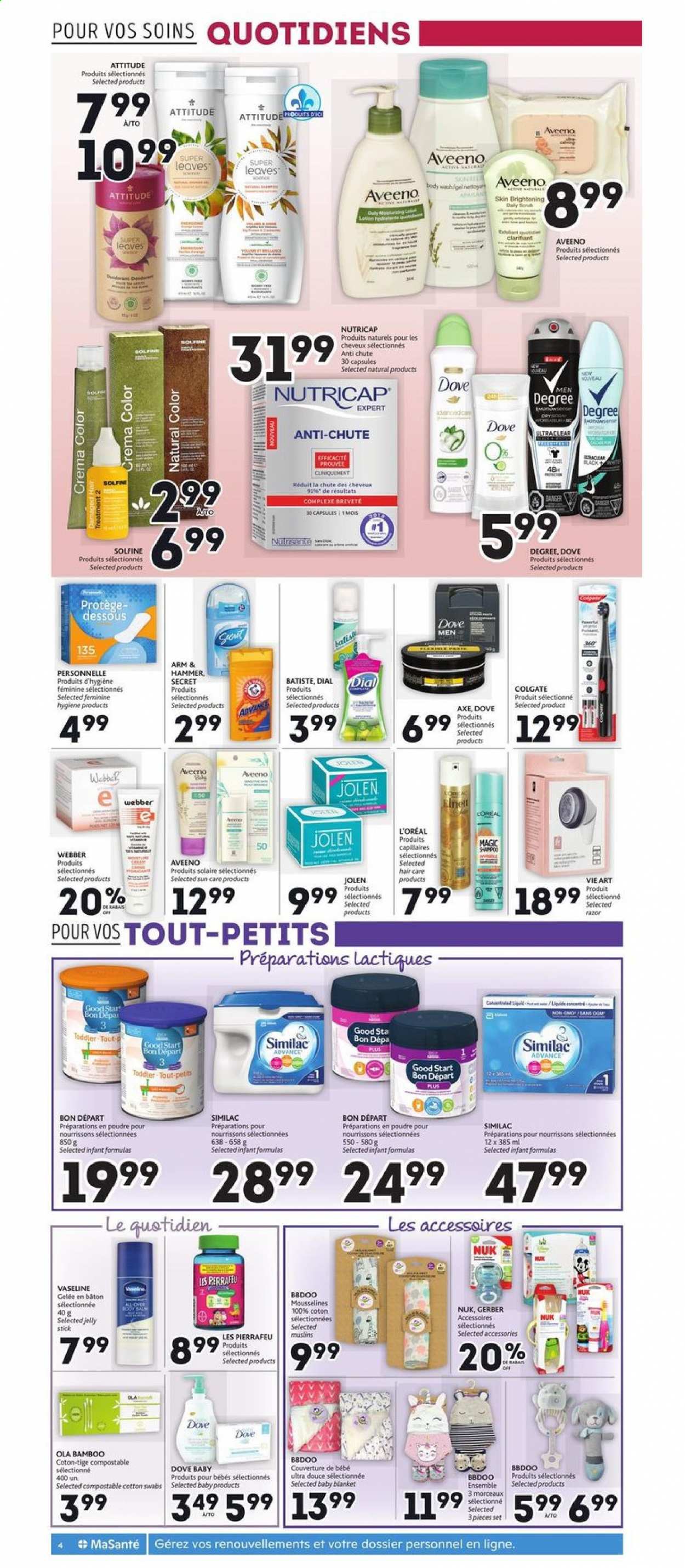 thumbnail - Brunet Flyer - February 04, 2021 - February 10, 2021 - Sales products - Nuk, Aveeno, ARM & HAMMER, body wash, Vaseline, Dial, L’Oréal, Solfine, razor, Gerber. Page 4.