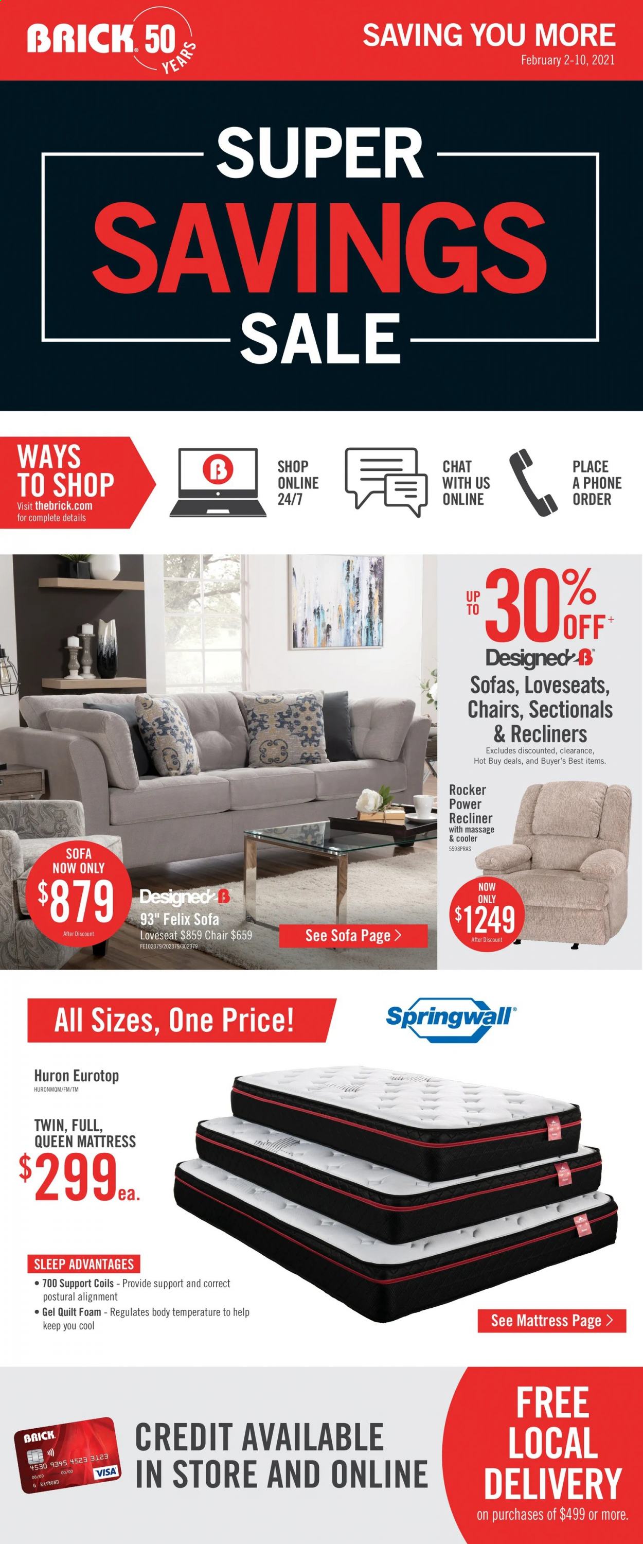 thumbnail - The Brick Flyer - February 02, 2021 - February 10, 2021 - Sales products - chair, loveseat, sofa, recliner chair, mattress. Page 1.