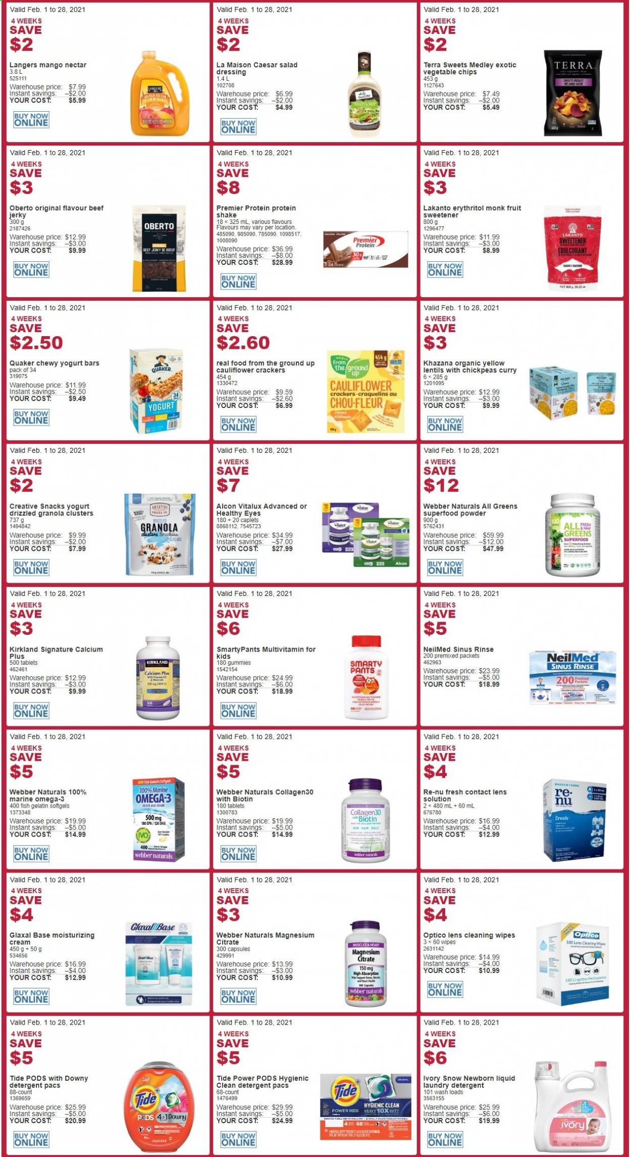 thumbnail - Costco Flyer - February 01, 2021 - February 28, 2021 - Sales products - fish, Quaker, beef jerky, jerky, protein drink, shake, snack, crackers, vegetable chips, sweetener, lentils, chickpeas, salad dressing, dressing, cleansing wipes, wipes, pants, Tide, laundry detergent, gelatin, lens, Biotin, magnesium, multivitamin, Omega-3, granola, chips. Page 3.