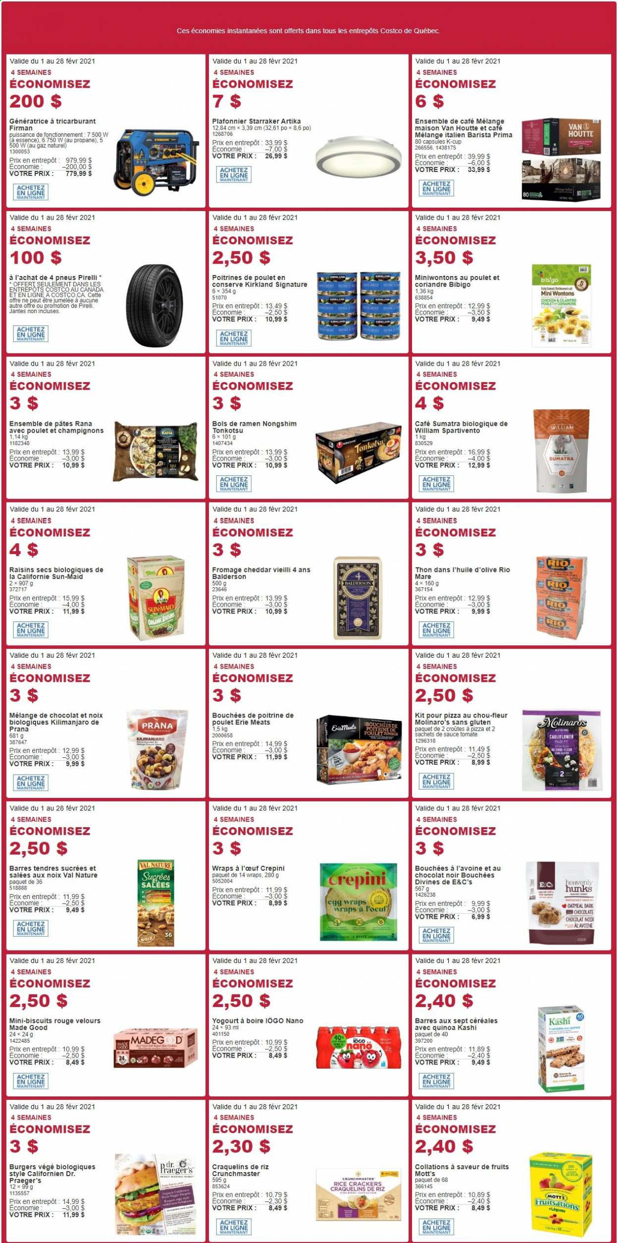 thumbnail - Costco Flyer - February 01, 2021 - February 28, 2021 - Sales products - wraps, Mott's, ramen, pizza, hamburger, sauce, Giovanni Rana, Rana, cheddar, eggs, chocolate, crackers, biscuit, dark chocolate, rice crackers, oatmeal, cilantro, dried fruit, coffee capsules, K-Cups, quinoa, raisins. Page 1.