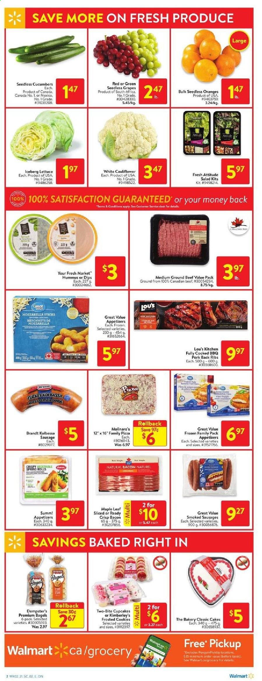 thumbnail - Walmart Flyer - February 04, 2021 - February 10, 2021 - Sales products - bagels, cake, cupcake, cucumber, lettuce, salad, grapes, seedless grapes, pizza, spring rolls, bacon, sausage, hummus, family pizza, cookies, beef meat, ground beef, pork meat, pork ribs, pork back ribs. Page 3.