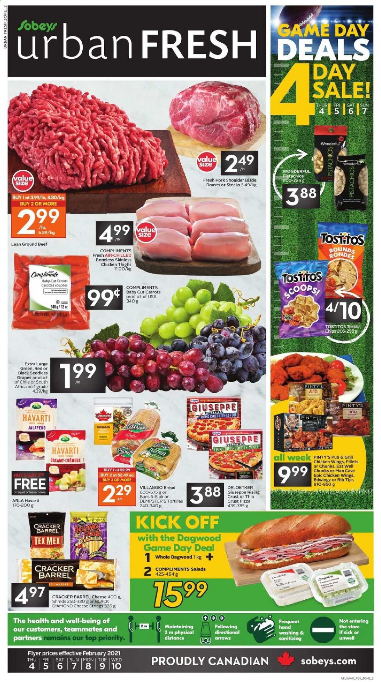 thumbnail - Sobeys Urban Fresh Flyer - February 04, 2021 - February 10, 2021 - Sales products - bread, buns, carrots, jalapeño, grapes, seedless grapes, pizza, dagwood, Havarti, Dr. Oetker, Arla, chicken wings, crackers, tortilla chips, Tostitos, pistachios, chicken thighs, chicken, beef meat, ground beef, pork meat, pork shoulder, pet bed, chips, steak. Page 1.