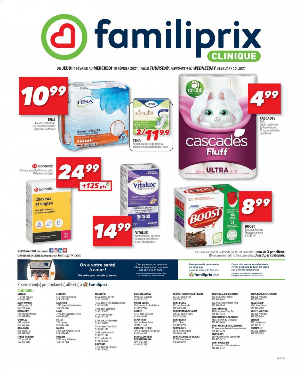 thumbnail - Familiprix Clinique Flyer - February 04, 2021 - February 10, 2021 - Sales products - chocolate, Boost, bath tissue, sanitary pads, Clinique, BIC, multivitamin, Nestlé, Tena Lady. Page 1.