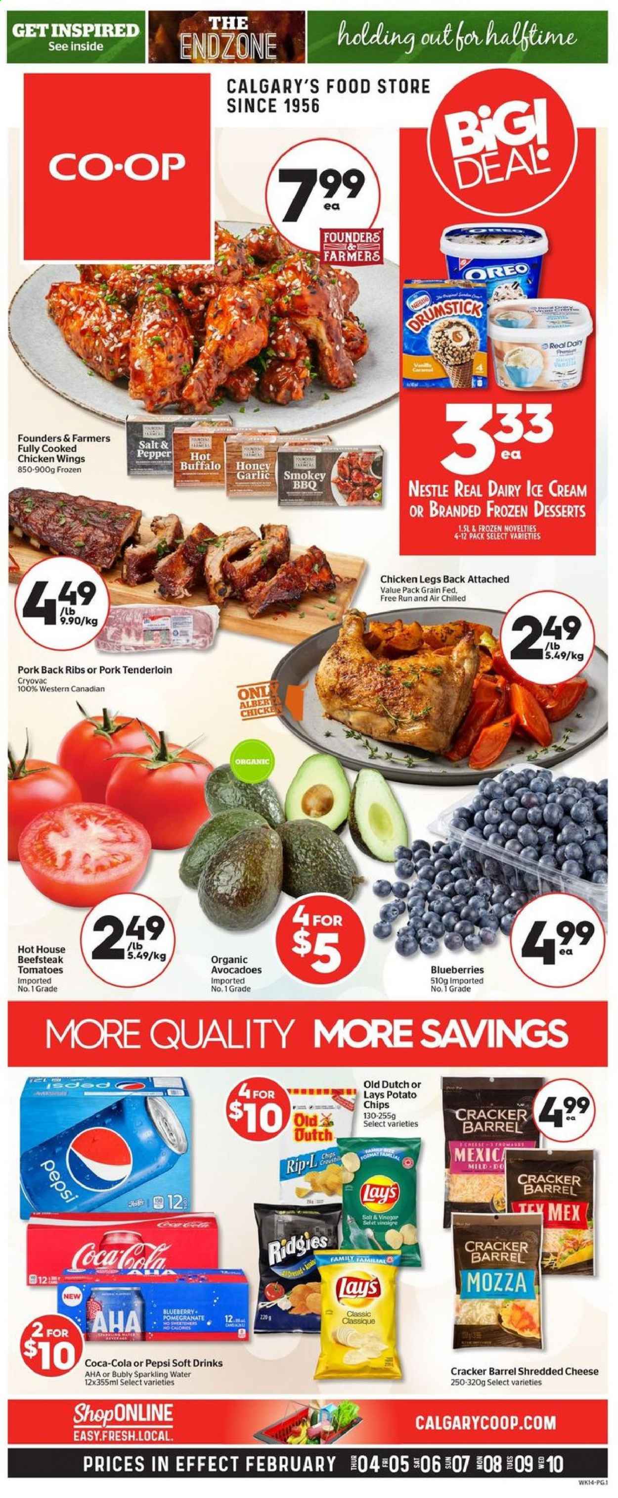 thumbnail - Calgary Co-op Flyer - February 04, 2021 - February 10, 2021 - Sales products - garlic, tomatoes, blueberries, pomegranate, shredded cheese, Oreo, chicken wings, crackers, potato chips, Lay’s, honey, Coca-Cola, Pepsi, soft drink, sparkling water, chicken legs, chicken, pork meat, pork ribs, pork tenderloin, pork back ribs, Nestlé. Page 1.