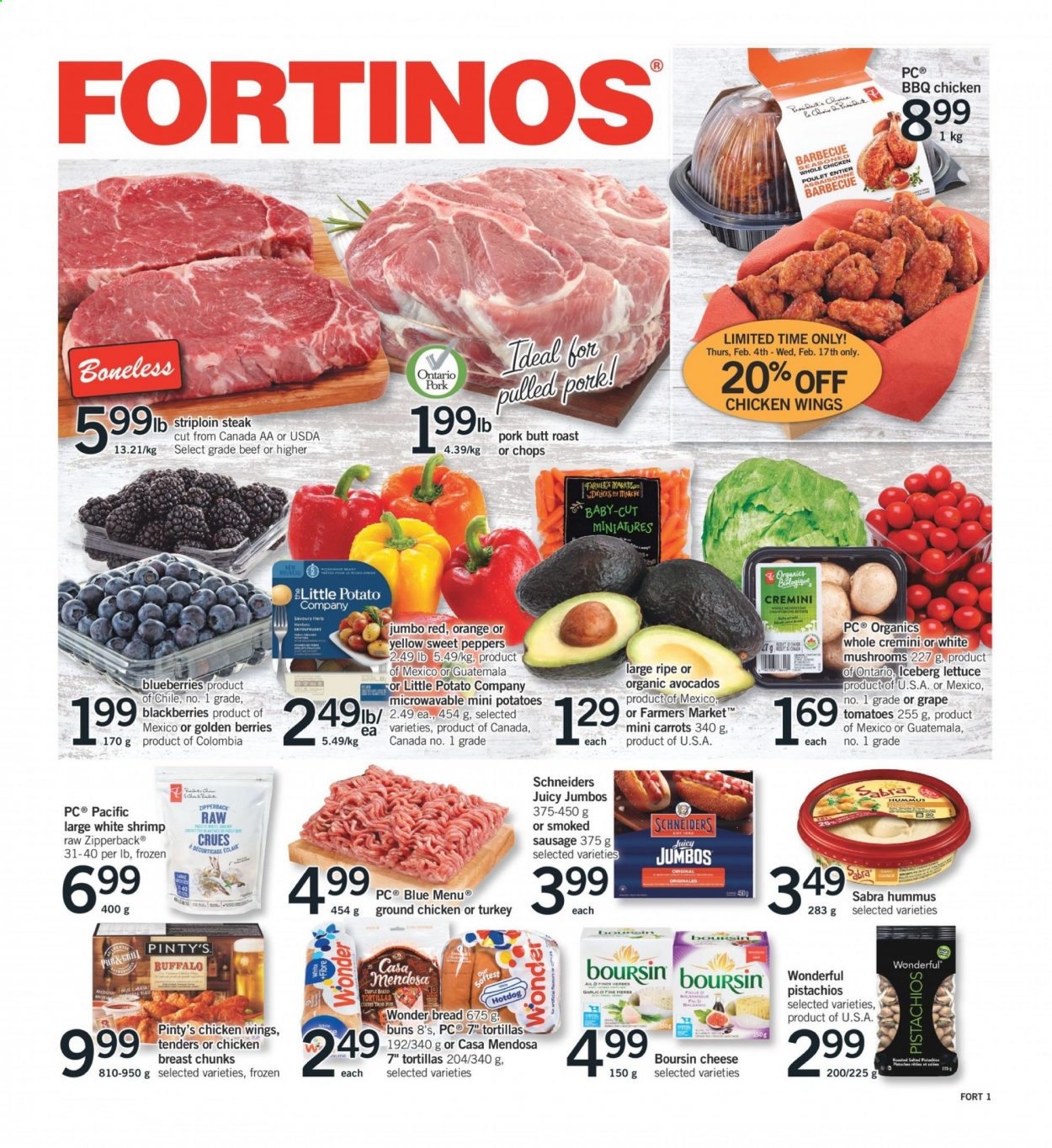 thumbnail - Circulaire Fortinos - 04 Février 2021 - 10 Février 2021 - Produits soldés - tortilla, iceberg, poulet, viande de poulet, pistache, barbecue, ail, Boursin, steak. Page 1.