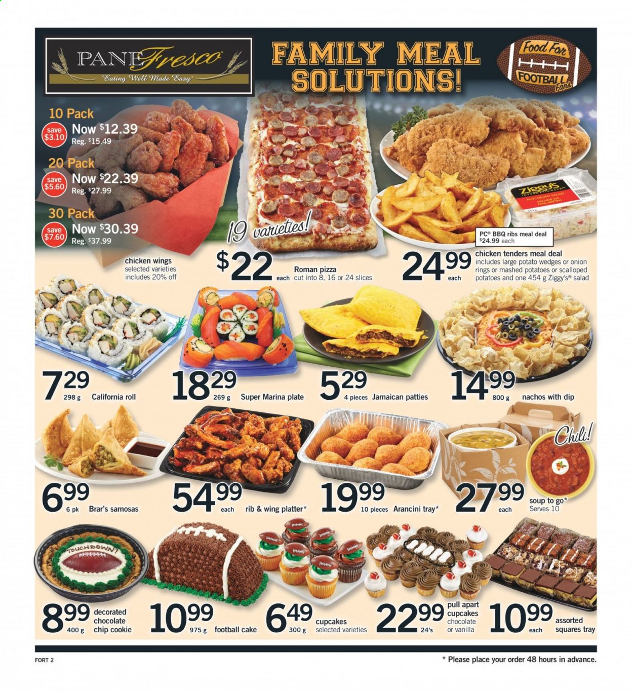 thumbnail - Fortinos Flyer - February 04, 2021 - February 10, 2021 - Sales products - cake, cupcake, mashed potatoes, pizza, onion rings, soup, macaroni salad, chicken wings, potato wedges, chocolate, chicken tenders, plate. Page 3.