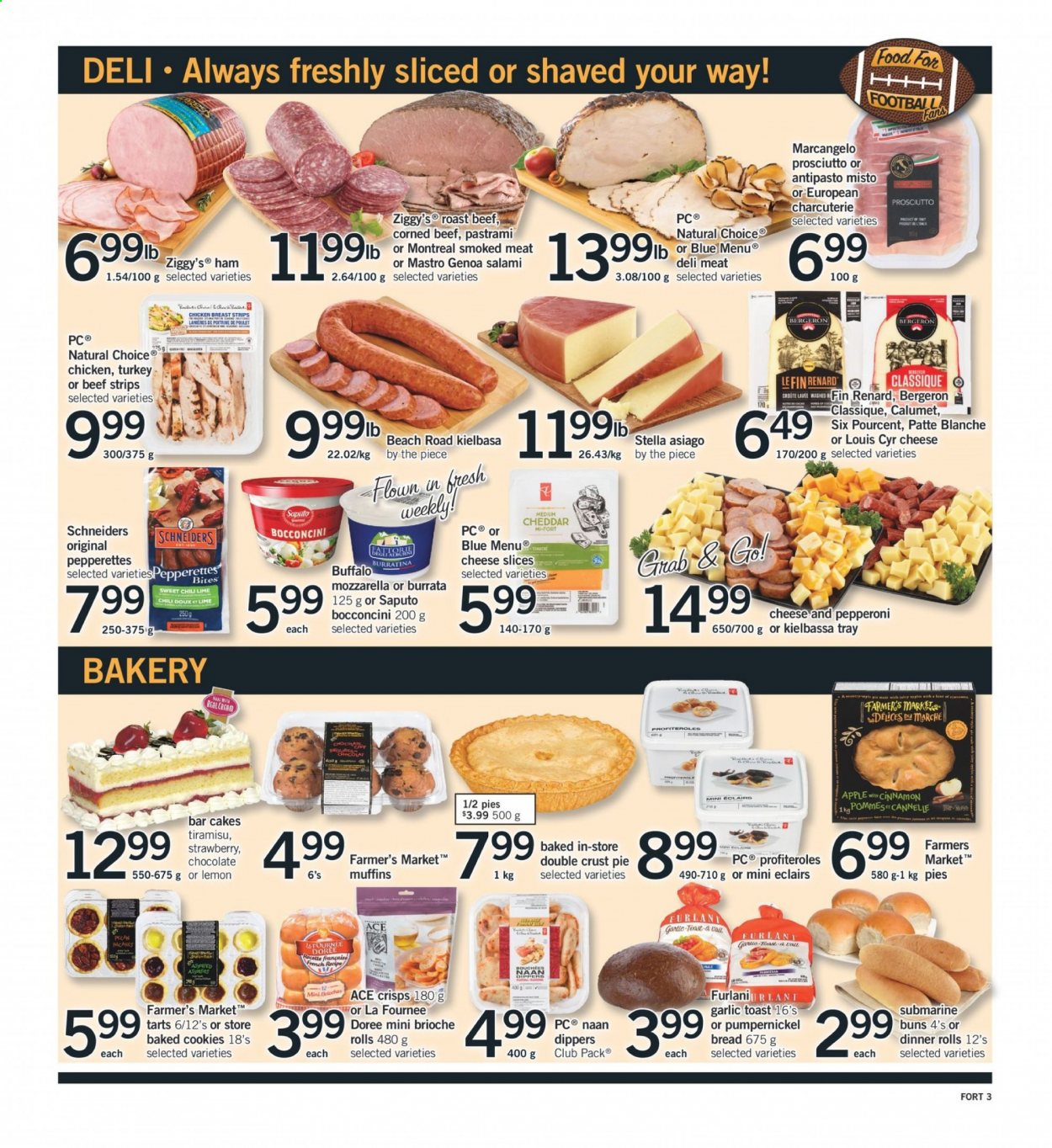 thumbnail - Fortinos Flyer - February 04, 2021 - February 10, 2021 - Sales products - Apple, bread, cake, dinner rolls, buns, brioche, Ace, tiramisu, salami, ham, prosciutto, pastrami, sausage, pepperoni, kielbasa, corned beef, asiago, bocconcini, sliced cheese, cheddar, cheese, strips, cookies, chocolate, cinnamon, chicken, beef meat, roast beef, pen, mozzarella. Page 4.