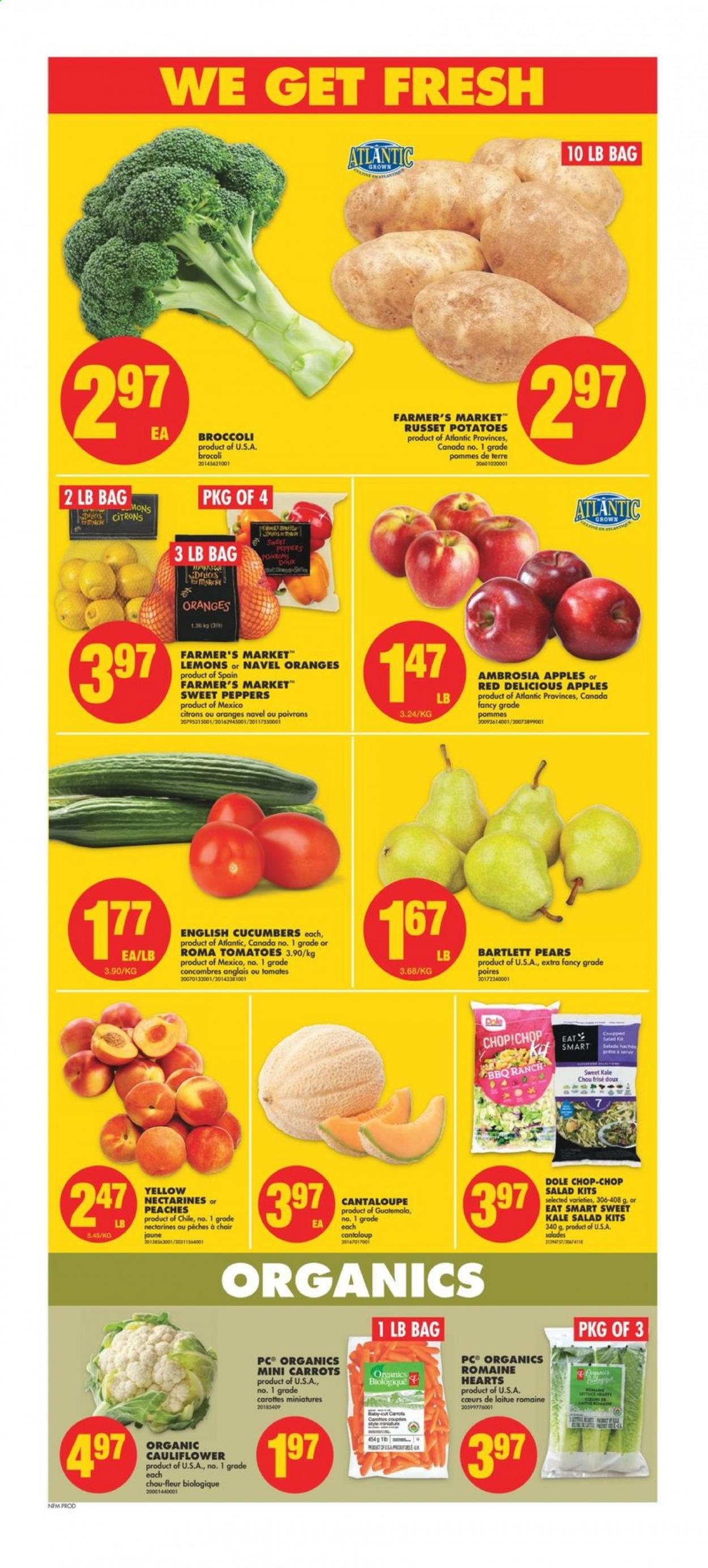thumbnail - No Frills Flyer - February 04, 2021 - February 10, 2021 - Sales products - broccoli, cantaloupe, carrots, cauliflower, cucumber, russet potatoes, sweet peppers, tomatoes, kale, potatoes, salad, Dole, peppers, apples, Bartlett pears, nectarines, Red Delicious apples, pears, lemons, peaches, navel oranges, chair. Page 3.