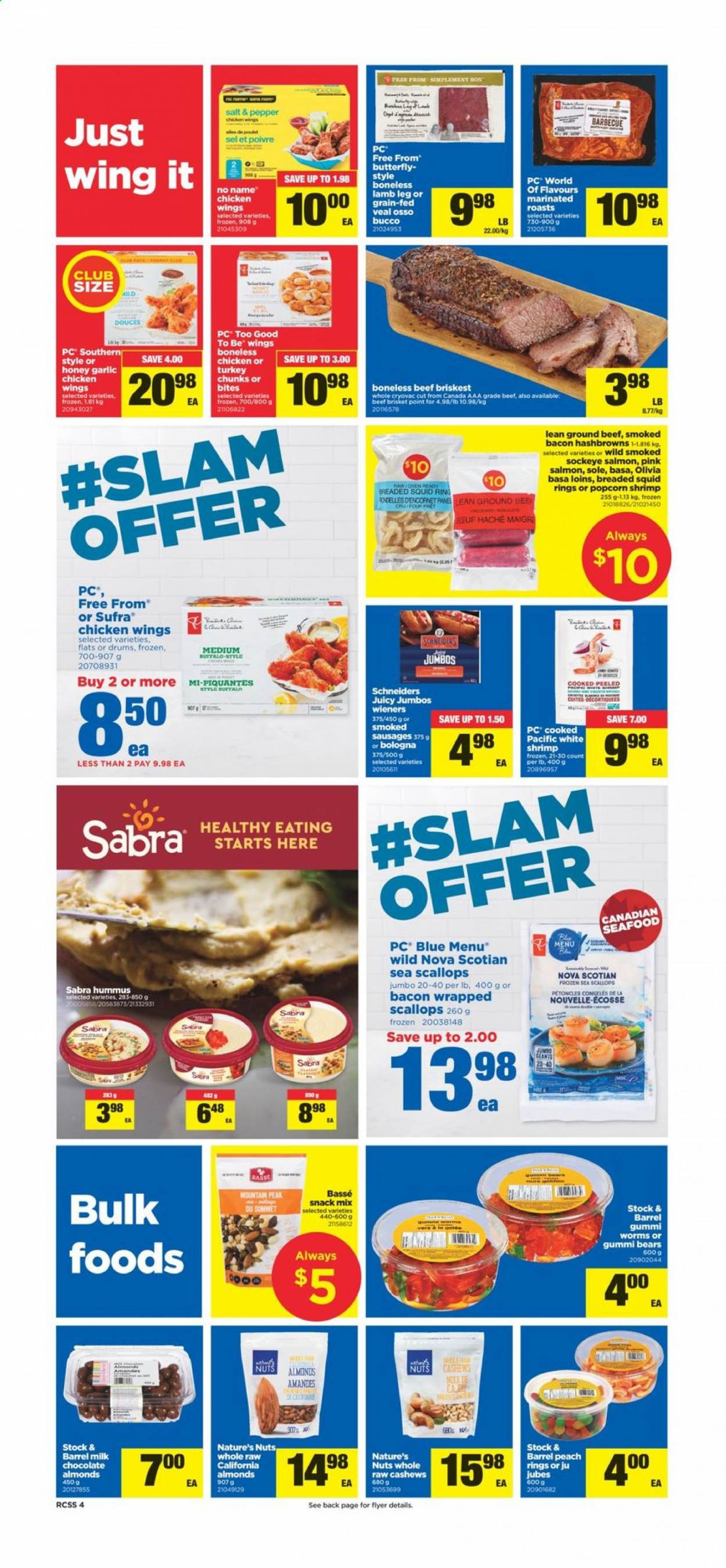 thumbnail - Real Canadian Superstore Flyer - February 04, 2021 - February 10, 2021 - Sales products - garlic, bacon wrapped scallops, salmon, scallops, squid, seafood, shrimps, squid rings, No Name, bacon, bologna sausage, sausage, hummus, milk, chicken wings, hash browns, chocolate, snack, honey, cashews, beef meat, ground beef, beef brisket, lamb meat, lamb leg, Mum. Page 4.