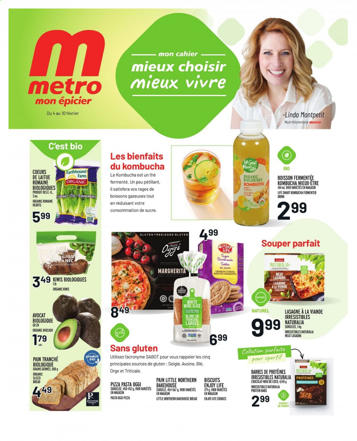 thumbnail - Metro Flyer - February 04, 2021 - February 10, 2021 - Sales products - bread, avocado, pizza, pasta, lasagna meal, cookies, biscuit, sugar, protein bar, kombucha, PREMIERE, kiwi. Page 1.