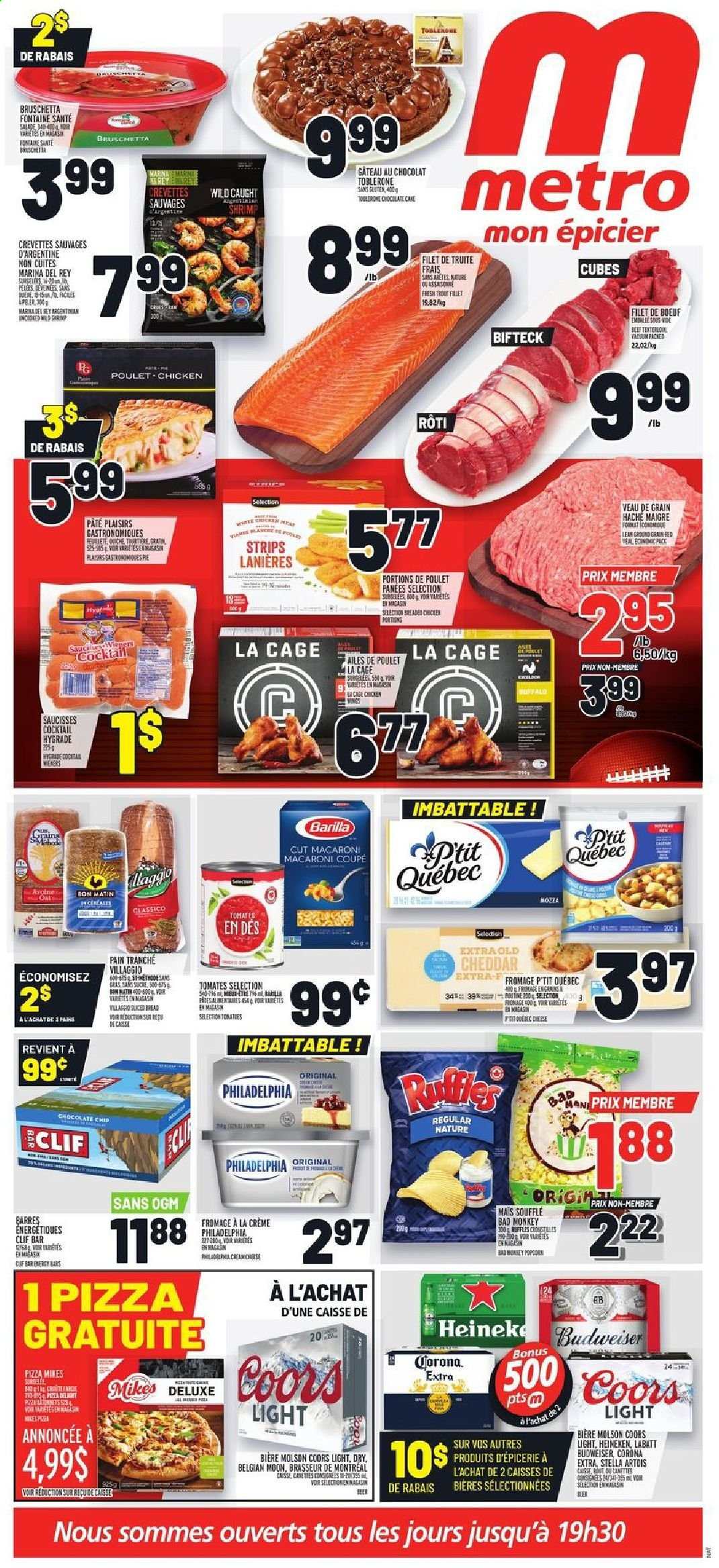 thumbnail - Metro Flyer - February 04, 2021 - February 10, 2021 - Sales products - cake, chocolate cake, trout, shrimps, pizza, macaroni, fried chicken, Barilla, bruschetta, cheddar, strips, chocolate chips, Toblerone, popcorn, energy bar, Classico, beer, Corona Extra, Heineken, cage, Stella Artois, Coors. Page 1.