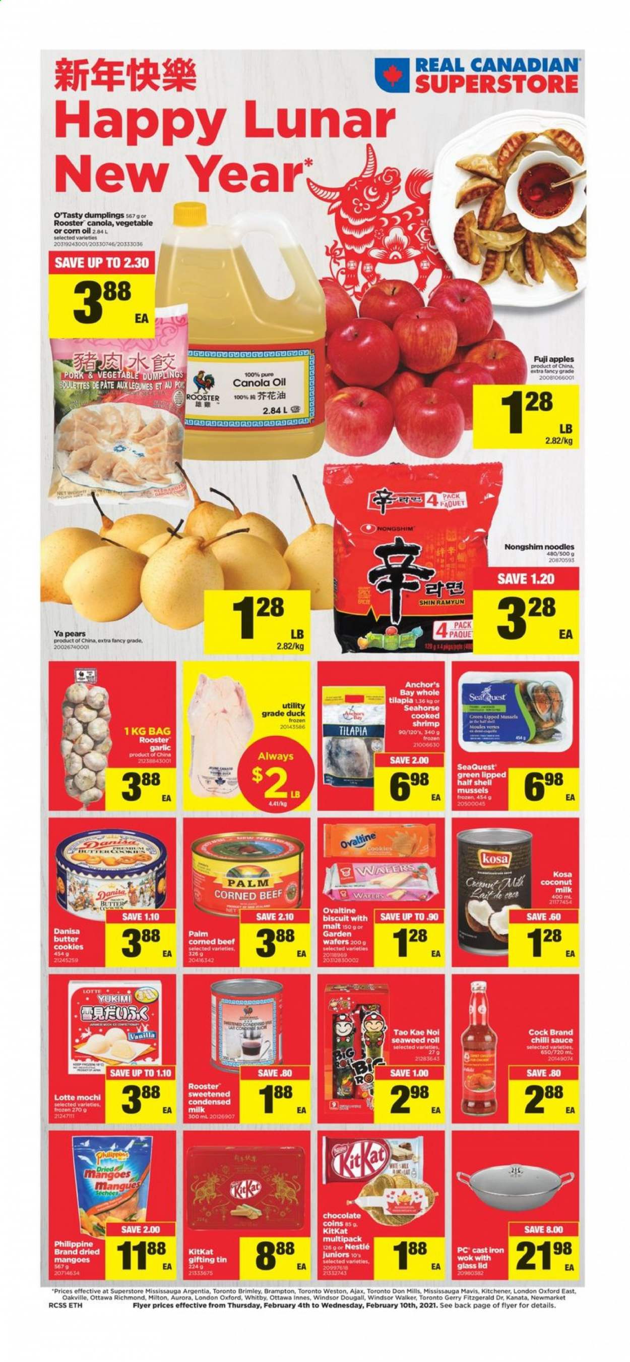 thumbnail - Real Canadian Superstore Flyer - February 04, 2021 - February 10, 2021 - Sales products - garlic, apples, pears, Fuji apple, mussels, tilapia, shrimps, sauce, dumplings, noodles, corned beef, condensed milk, butter, Anchor, cookies, wafers, chocolate, KitKat, biscuit, seaweed, malt, coconut milk, chilli sauce, canola oil, corn oil, beef meat, Ajax, BIC, lid, wok, Nestlé. Page 1.