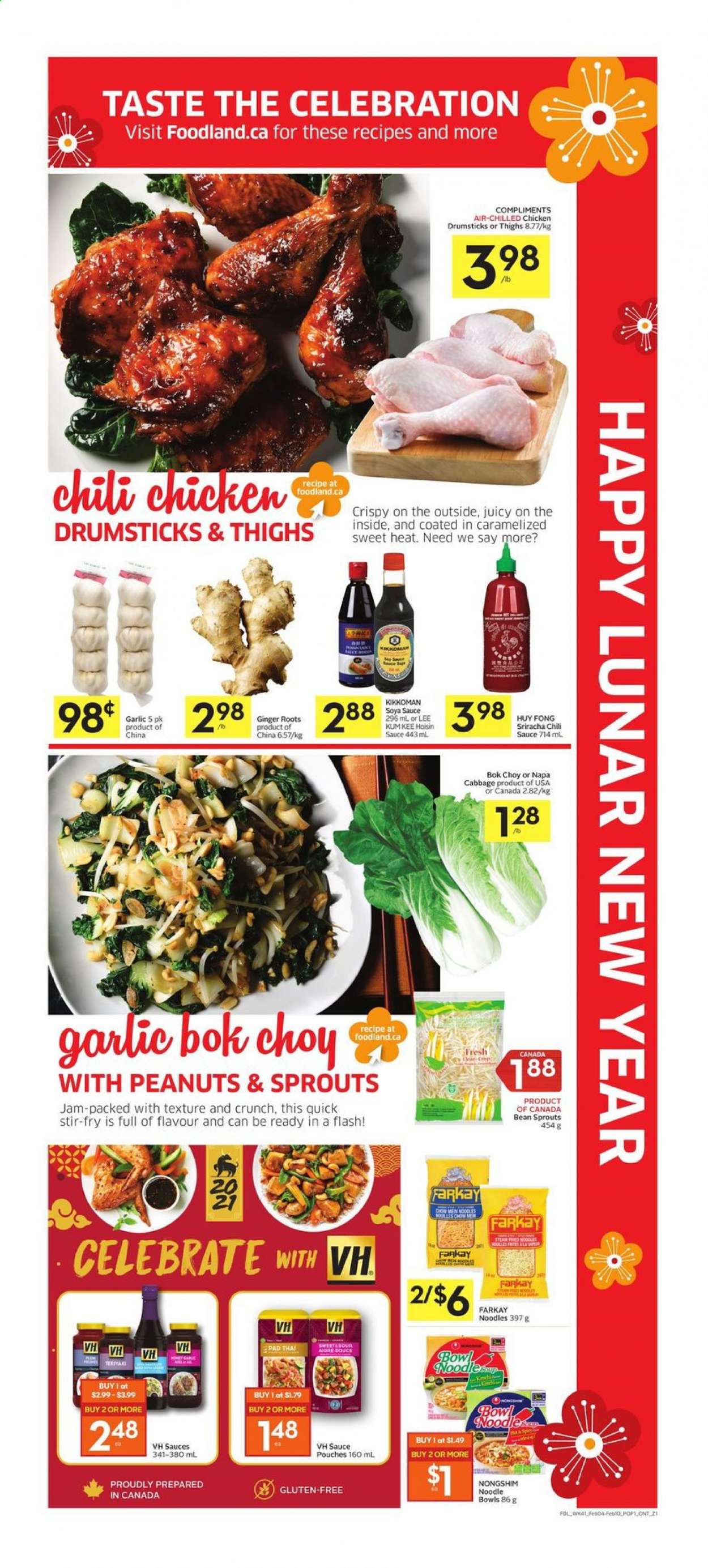 thumbnail - Foodland Flyer - February 04, 2021 - February 10, 2021 - Sales products - cabbage, garlic, ginger, bean sprouts, noodles, Celebration, soy sauce, sriracha, hoisin sauce, chilli sauce, Kikkoman, Lee Kum Kee, fruit jam, chicken drumsticks, chicken. Page 2.