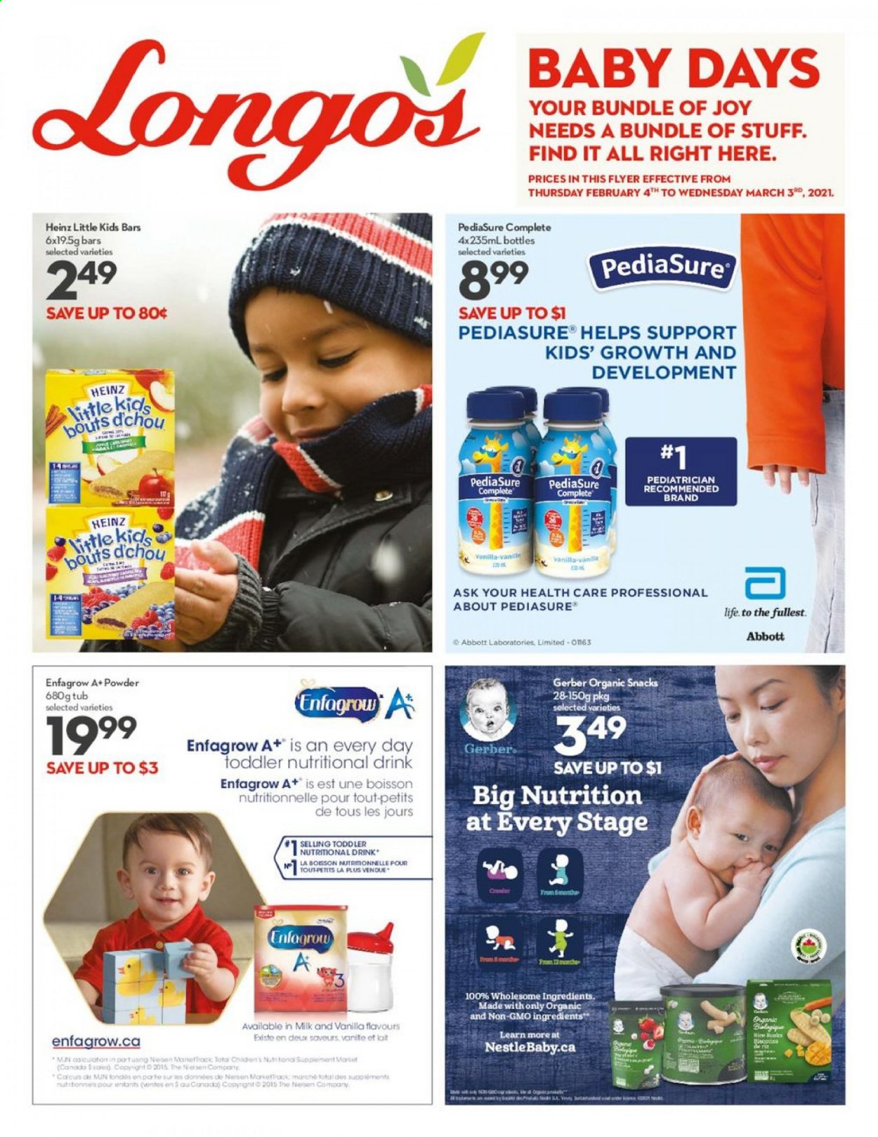 thumbnail - Longo's Flyer - February 04, 2021 - March 03, 2021 - Sales products - milk, snack, Gerber, Heinz, rice, Joy. Page 1.