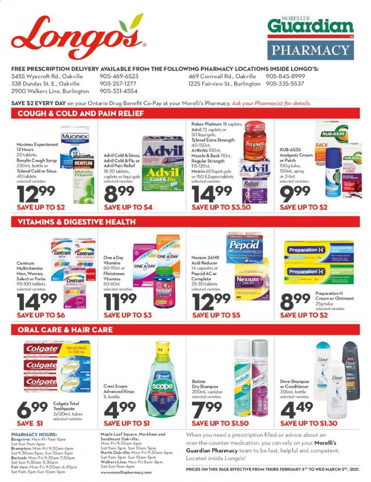 thumbnail - Longo's Flyer - February 04, 2021 - March 03, 2021 - Sales products - syrup, ointment, toothpaste, Crest, conditioner, pain relief, Cold & Flu, Mucinex, multivitamin, Tylenol, Pepcid, Nexium, Advil Rapid, Centrum, Benylin, Motrin, shampoo. Page 1.