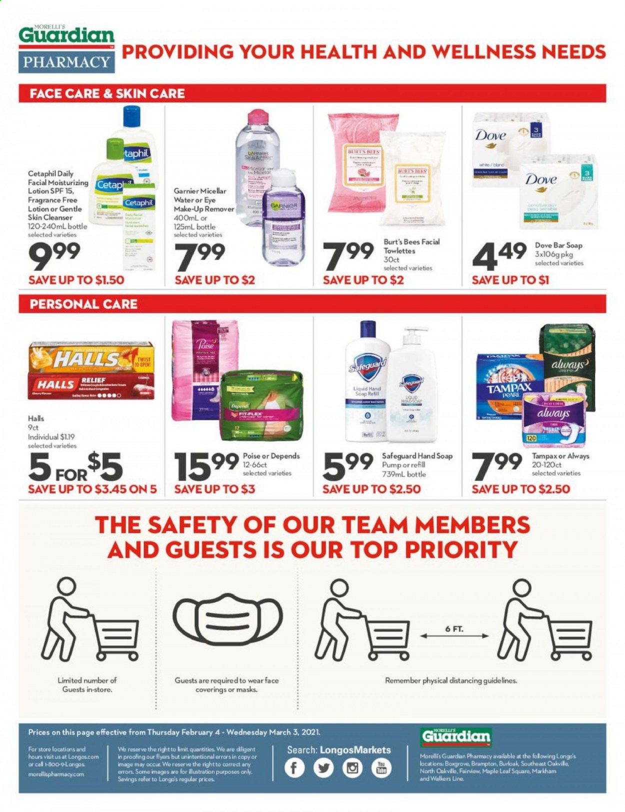thumbnail - Longo's Flyer - February 04, 2021 - March 03, 2021 - Sales products - Halls, hand soap, soap bar, soap, cleanser, micellar water, body lotion, makeup, Garnier, Tampax. Page 2.