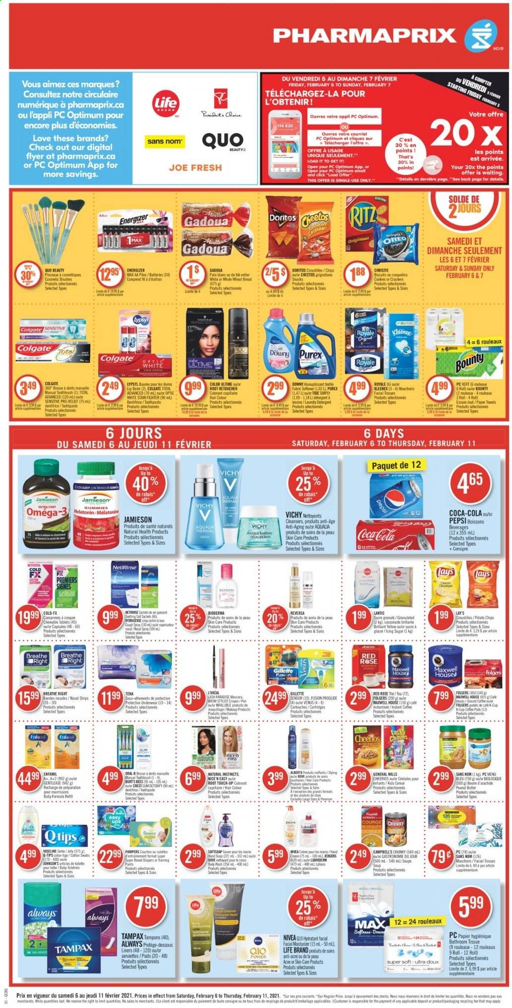 thumbnail - Pharmaprix Flyer - February 06, 2021 - February 11, 2021 - Sales products - wheat bread, Ace, Campbell's, soup, cookies, snack, Bounty, jelly, crackers, biscuit, RITZ, Doritos, potato chips, Cheetos, Lay’s, sugar, icing sugar, cereals, Cheerios, peanut butter, Coca-Cola, Pepsi, Maxwell House, tea, Folgers, rosé wine, Enfamil, pants, nappies, Johnson's, baby pants, bath tissue, Kleenex, kitchen towels, paper towels, Tide, fabric softener, laundry detergent, Purex, body wash, Vichy, hand soap, Vaseline, soap, toothbrush, toothpaste, Crest, tampons, facial tissues, L’Oréal, moisturizer, serum, Root Touch-Up, hair color, Lubriderm, hand cream, Venus, makeup, cup, pen, battery, rose, Melatonin, Omega-3, Oreo, Gillette, mascara, Tampax, Nivea, Oral-B, chips. Page 1.