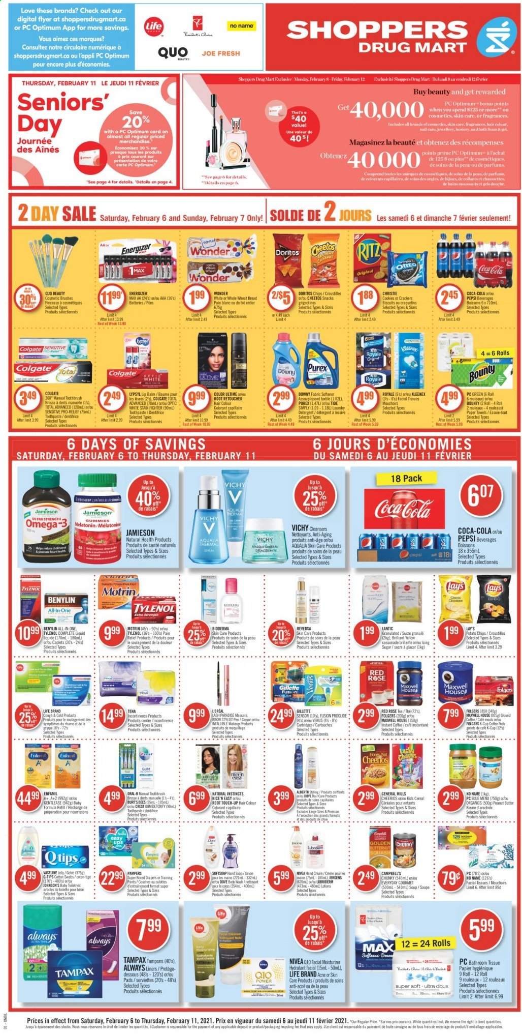 thumbnail - Shoppers Drug Mart Flyer - February 06, 2021 - February 11, 2021 - Sales products - cookies, snack, Bounty, jelly, crackers, biscuit, RITZ, Doritos, Cheetos, Lay’s, soup, cereals, Cheerios, Campbell's, peanut butter, Coca-Cola, Pepsi, Maxwell House, tea, instant coffee, Folgers, ground coffee, coffee capsules, K-Cups, Enfamil, pants, nappies, Johnson's, baby pants, bath tissue, Kleenex, Always liners, kitchen towels, paper towels, Tide, laundry detergent, Purex, Softsoap, Vichy, Vaseline, toothbrush, toothpaste, Crest, tampons, facial tissues, L’Oréal, moisturizer, Root Touch-Up, hair color, Lubriderm, hand cream, Jergens, Venus, makeup, pain relief, Melatonin, Tylenol, Omega-3, Benylin, Motrin, Oreo, Gillette, mascara, Tampax, Pampers, Nivea, Oral-B, chips. Page 1.