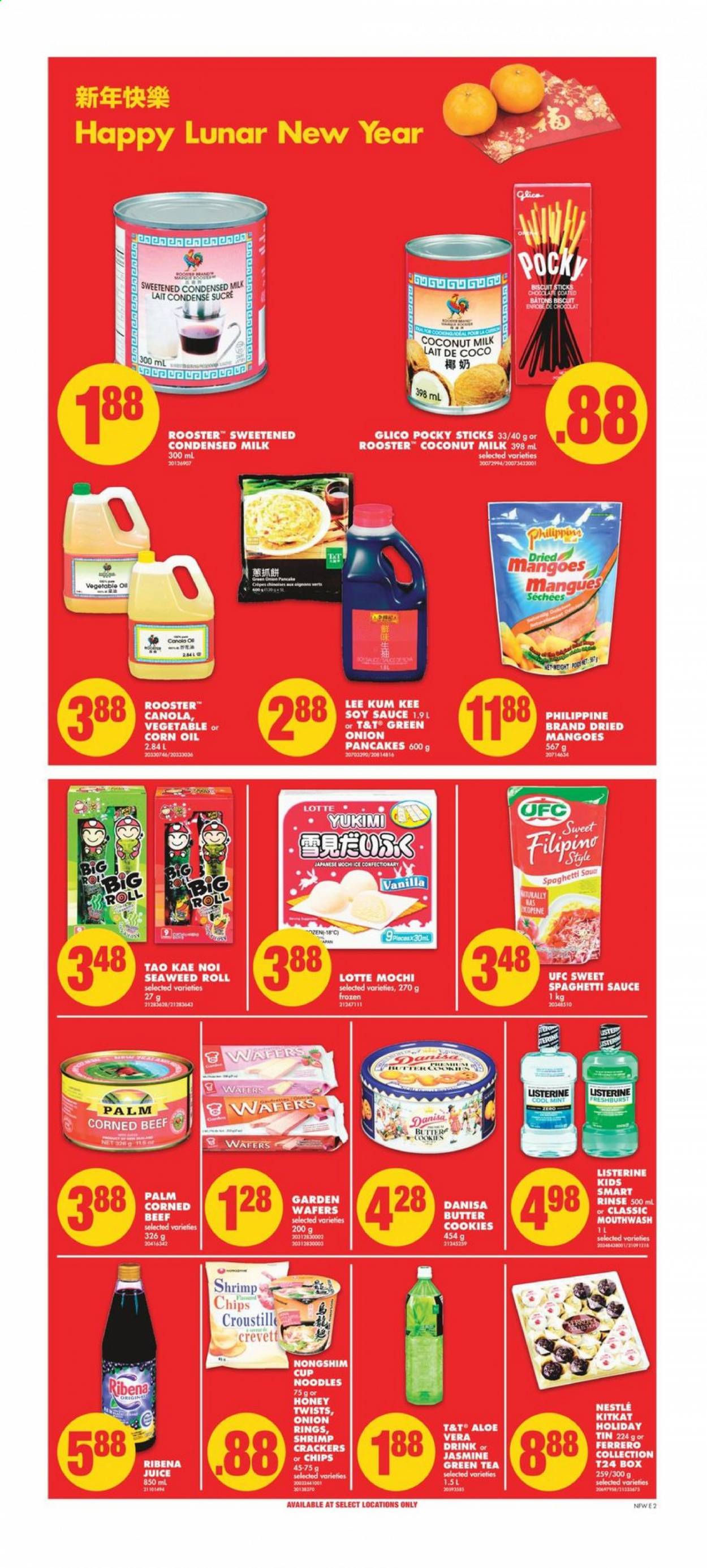 thumbnail - No Frills Flyer - February 05, 2021 - February 11, 2021 - Sales products - onion, green onion, shrimps, spaghetti, sauce, pancakes, noodles cup, noodles, spaghetti sauce, corned beef, condensed milk, cookies, wafers, chocolate, butter cookies, KitKat, crackers, biscuit, seaweed, coconut milk, soy sauce, corn oil, juice, green tea, tea, beef meat, mouthwash, Nestlé, Listerine. Page 2.