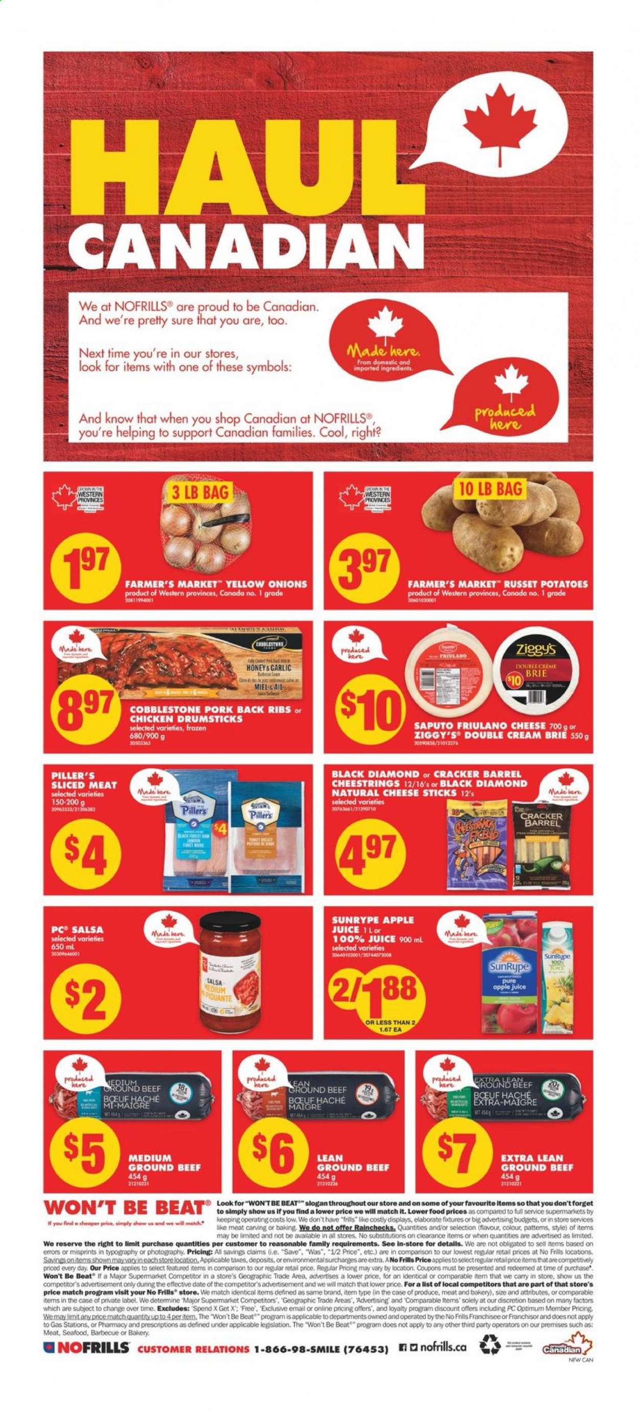 thumbnail - No Frills Flyer - February 05, 2021 - February 11, 2021 - Sales products - Ace, russet potatoes, potatoes, onion, seafood, string cheese, cheese, brie, cheese sticks, crackers, salsa, apple juice, juice, chicken drumsticks, chicken, beef meat, ground beef, pork meat, pork ribs, pork back ribs, Sure, Optimum. Page 2.