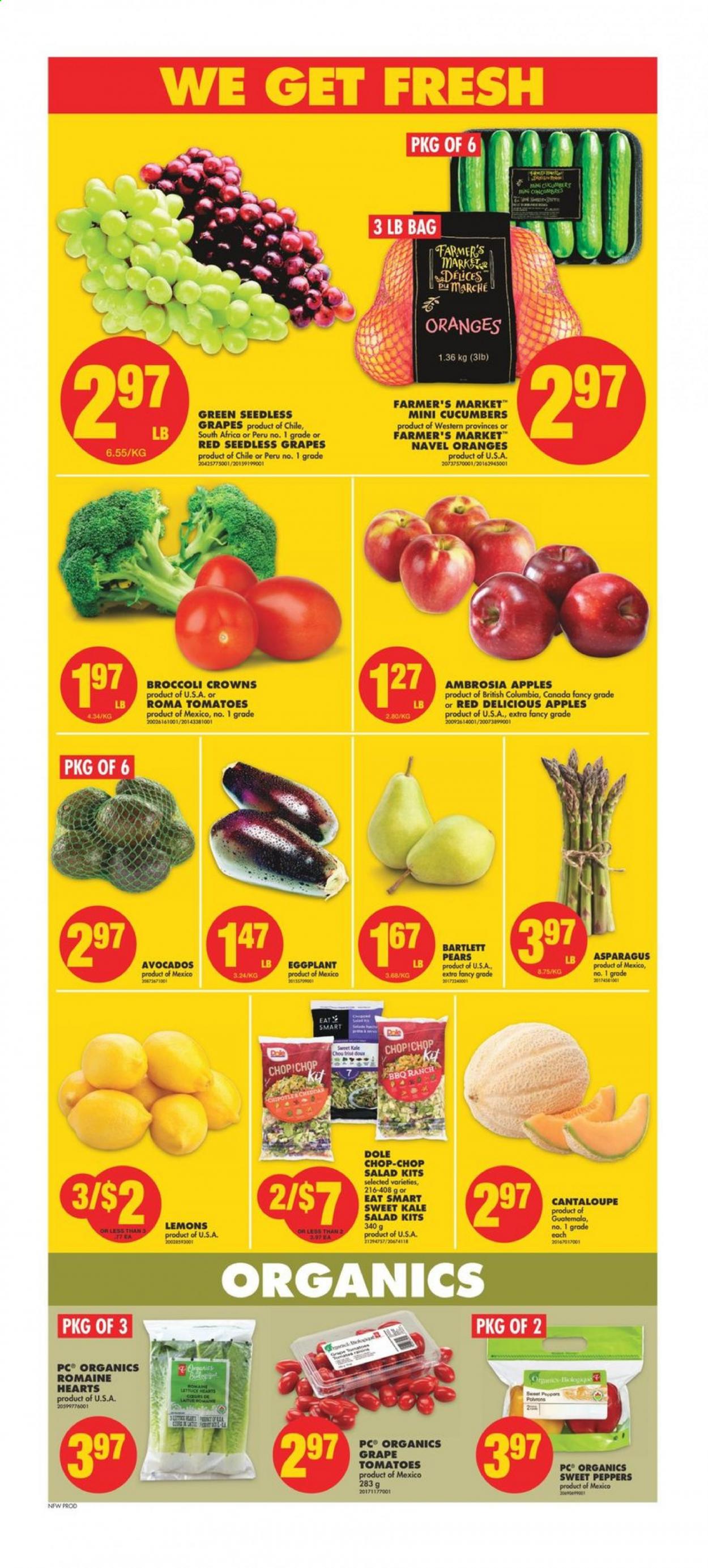 thumbnail - No Frills Flyer - February 05, 2021 - February 11, 2021 - Sales products - asparagus, cantaloupe, cucumber, sweet peppers, tomatoes, kale, salad, Dole, peppers, eggplant, apples, avocado, Bartlett pears, Red Delicious apples, seedless grapes, pears, lemons, navel oranges. Page 3.