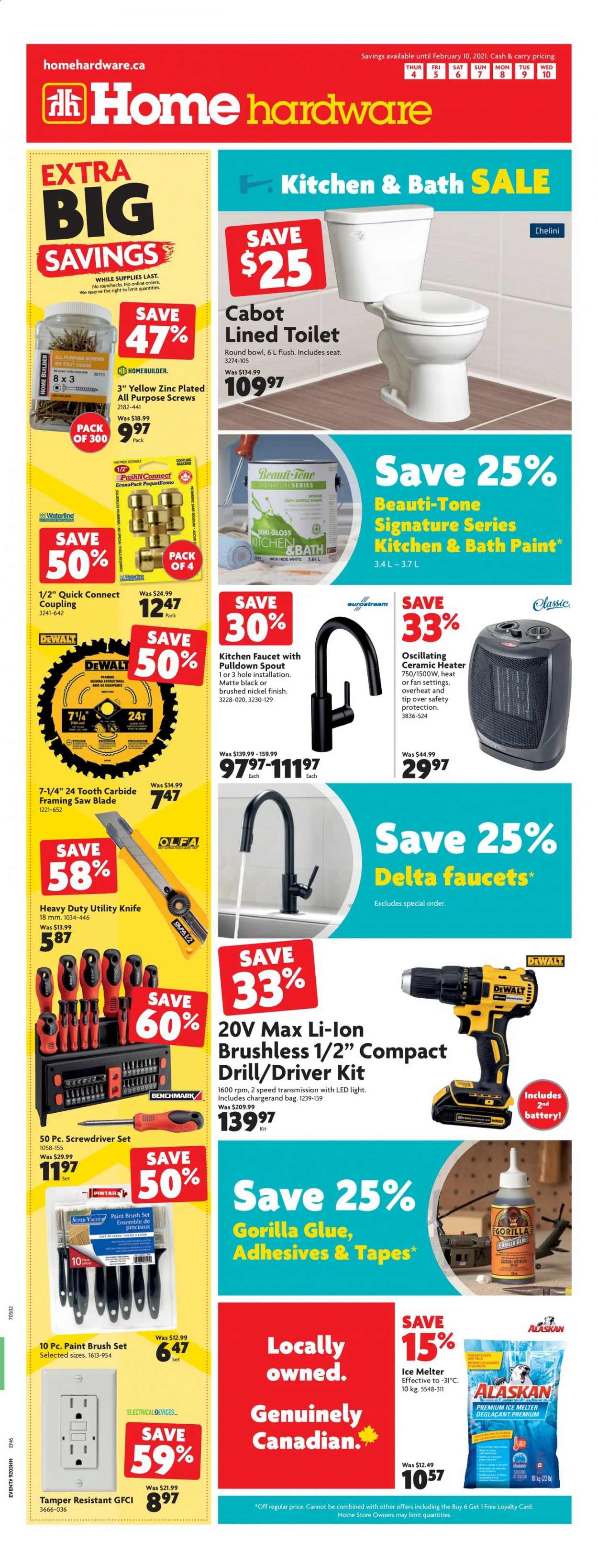 thumbnail - Home Hardware Flyer - February 04, 2021 - February 10, 2021 - Sales products - toilet, faucet, glue, paint brush, brush set, heater, DeWALT, screwdriver, saw, screwdriver set, utility knife, bag. Page 1.