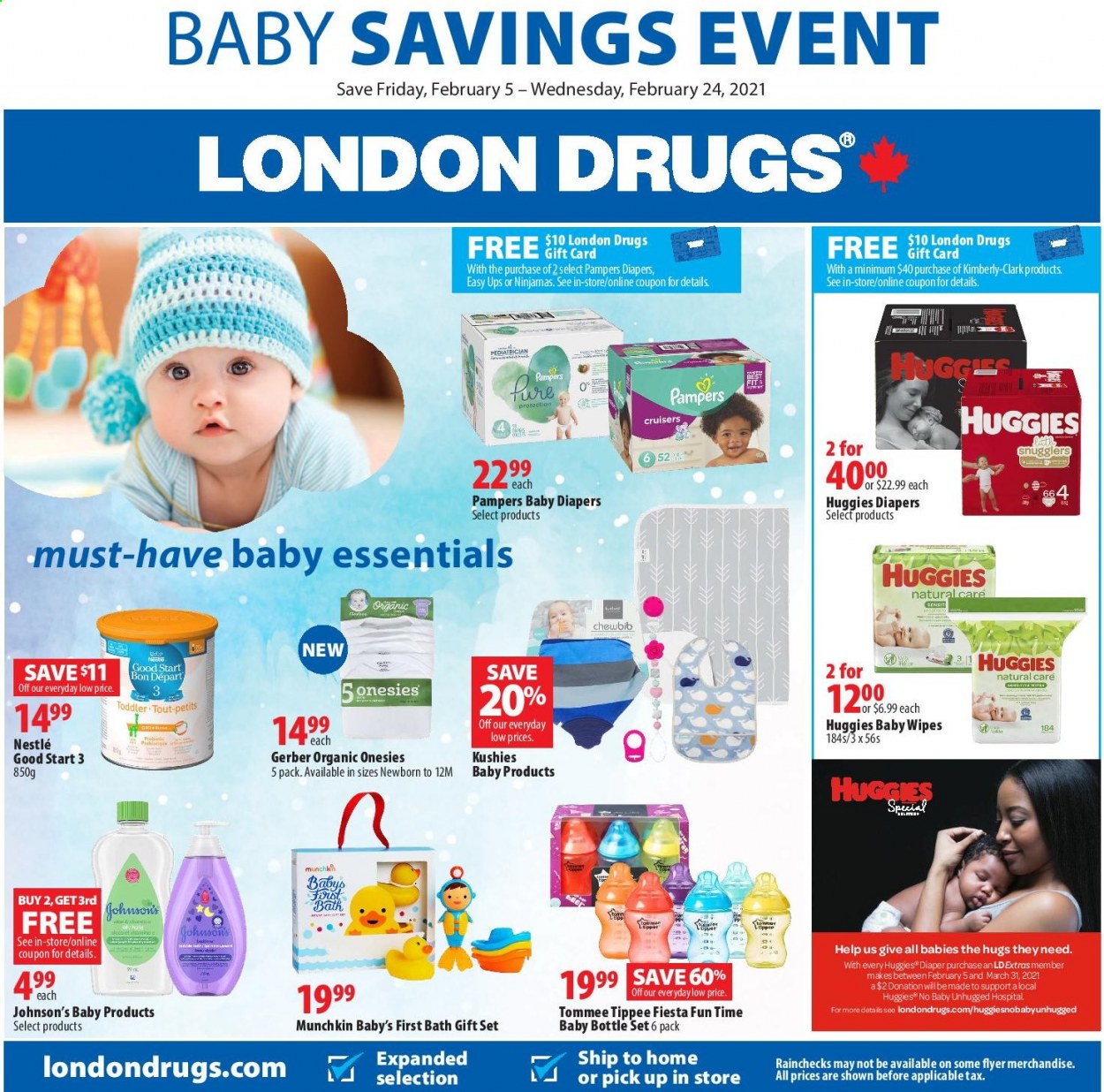 thumbnail - London Drugs Flyer - February 05, 2021 - February 24, 2021 - Sales products - Gerber, wipes, baby wipes, nappies, Johnson's, gift set, Nestlé, Huggies, Pampers. Page 1.