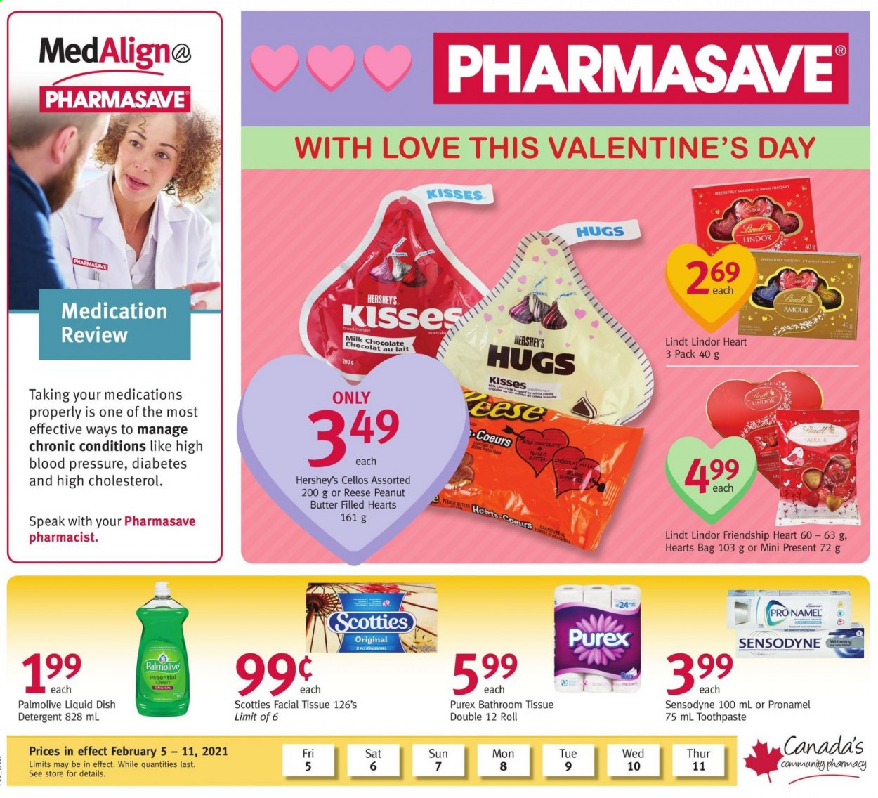 thumbnail - Pharmasave Flyer - February 05, 2021 - February 11, 2021 - Sales products - Hershey's, milk chocolate, chocolate, peanut butter, bath tissue, Purex, Palmolive, toothpaste, bag, Sensodyne. Page 1.