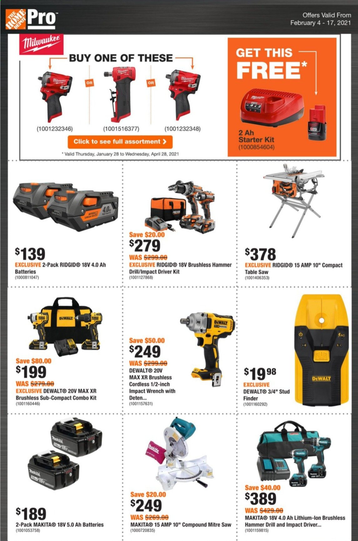 thumbnail - The Home Depot Flyer - February 04, 2021 - February 17, 2021 - Sales products - battery, table, Milwaukee, DeWALT, drill, impact driver, Ridgid, Makita, saw, combo kit. Page 1.