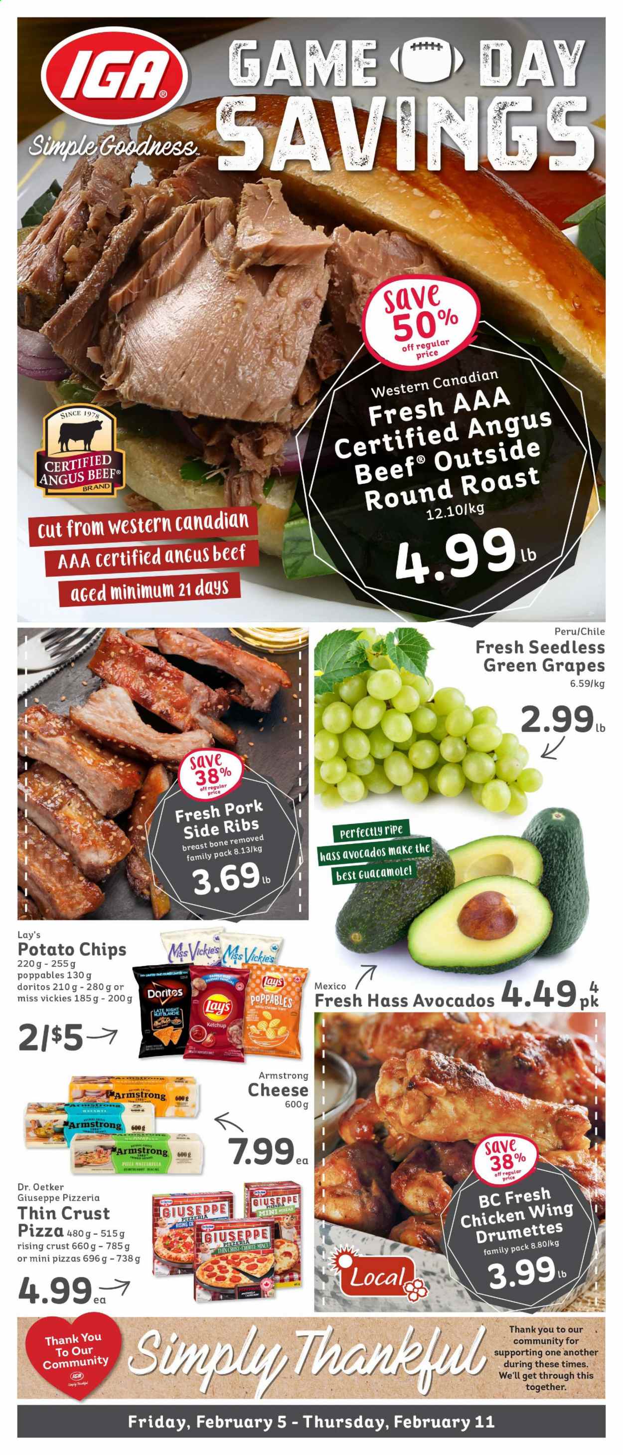thumbnail - IGA Flyer - February 05, 2021 - February 11, 2021 - Sales products - grapes, pizza, pepperoni, guacamole, Havarti, Dr. Oetker, Doritos, potato chips, Lay’s, beef meat, round roast, chips. Page 1.