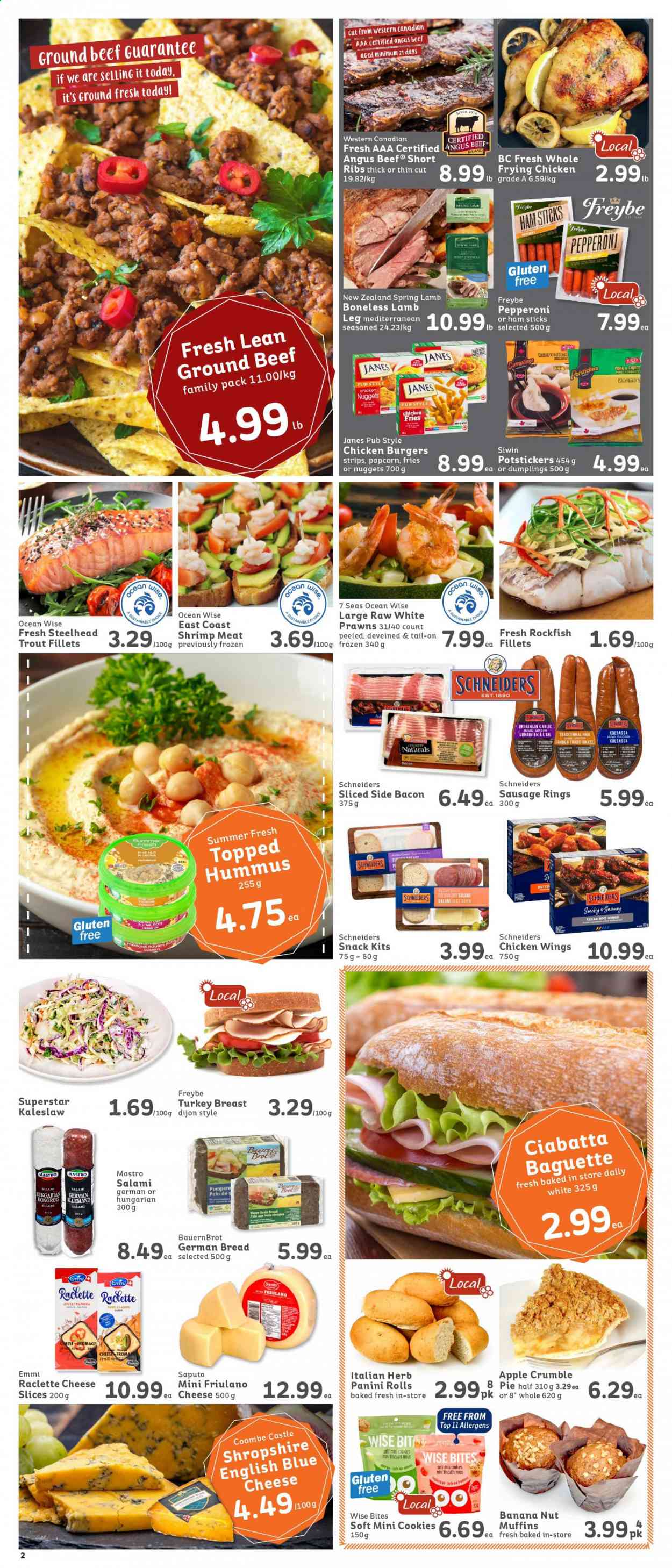 thumbnail - IGA Flyer - February 05, 2021 - February 11, 2021 - Sales products - bread, pie, panini, muffin, garlic, chives, rockfish, trout, prawns, shrimps, nuggets, hamburger, chicken nuggets, dumplings, bacon, salami, sausage, pepperoni, hummus, blue cheese, raclette cheese, sliced cheese, cheese, chicken wings, strips, potato fries, cookies, snack, popcorn, herbs, Castle, turkey breast, turkey, beef meat, ground beef. Page 2.