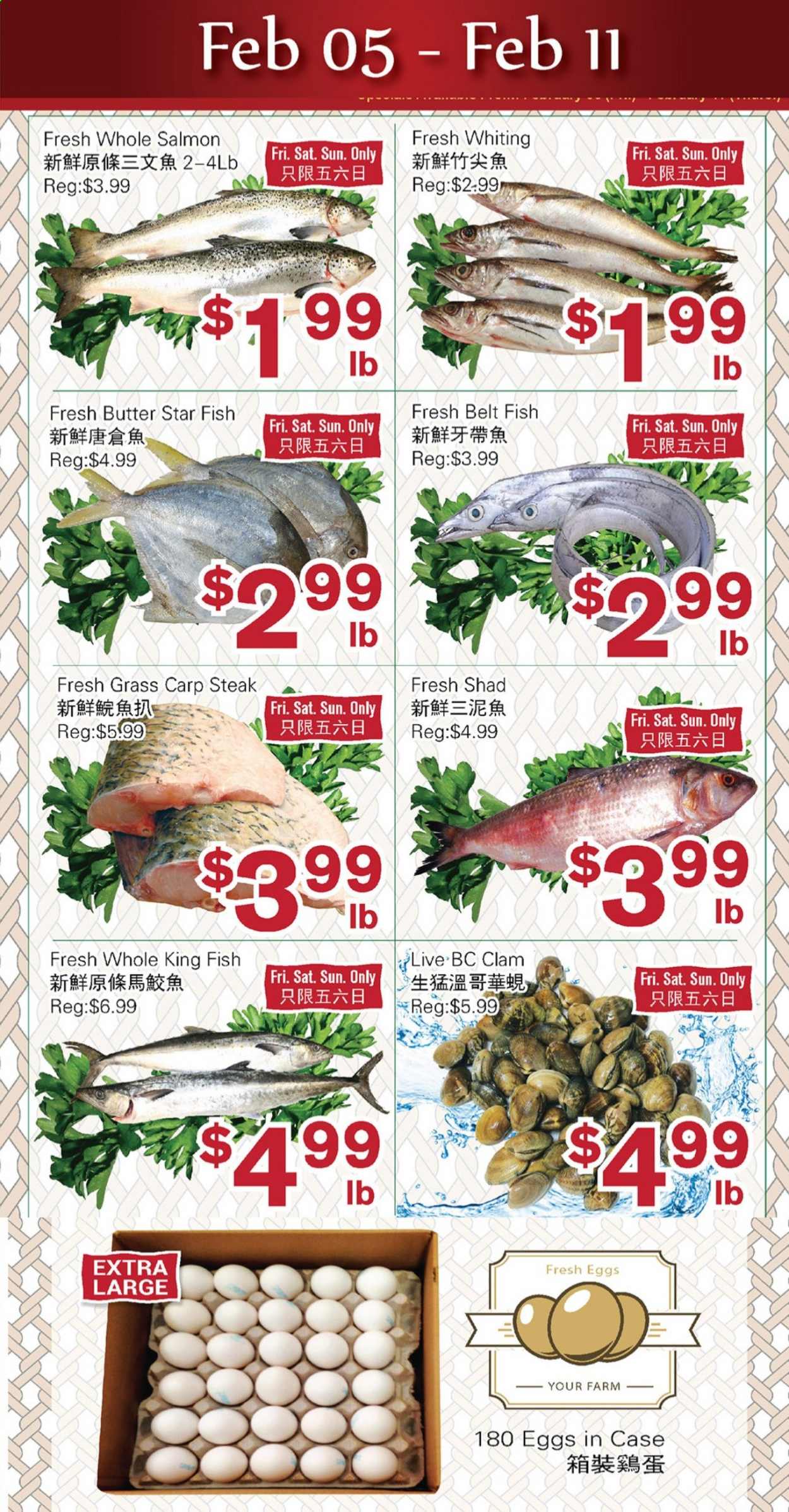 thumbnail - First Choice Supermarket Flyer - February 05, 2021 - February 11, 2021 - Sales products - clams, salmon, fish, king fish, carp, whiting, eggs, butter, steak. Page 1.
