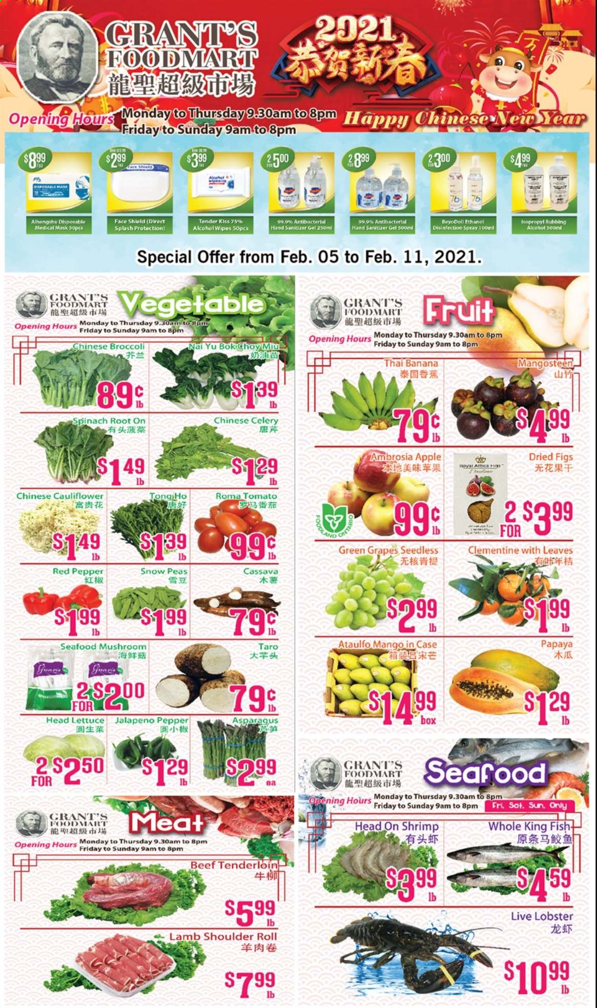 thumbnail - Grant's Foodmart Flyer - February 05, 2021 - February 11, 2021 - Sales products - mushrooms, asparagus, broccoli, cauliflower, celery, spinach, tomatoes, peas, lettuce, jalapeño, cassava, figs, grapes, mango, lobster, seafood, fish, king fish, shrimps, snow peas, dried figs, Grant's, beef meat, beef tenderloin, lamb meat, lamb shoulder, wipes, hand sanitizer, chinese broccoli. Page 1.