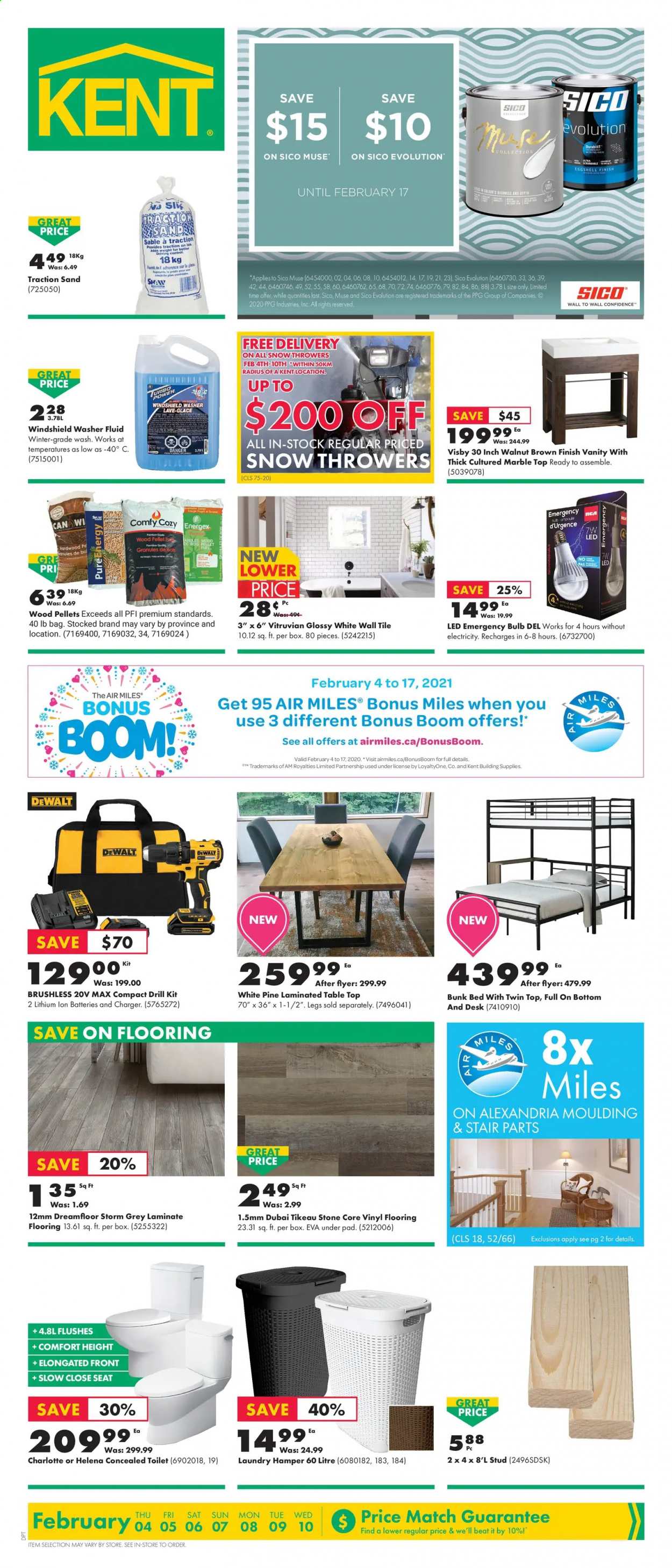 thumbnail - Kent Flyer - February 04, 2021 - February 10, 2021 - Sales products - laundry hamper, bulb, table, toilet, flooring, laminate floor, vinyl, moulding, DeWALT, washer fluid, pellet gun, vanity. Page 1.