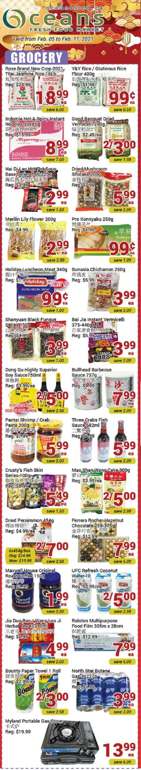 thumbnail - Oceans Flyer - February 05, 2021 - February 11, 2021 - Sales products - mushrooms, cake, persimmons, crab, fish, shrimps, soup, instant noodles, sauce, noodles, lunch meat, chocolate, Bounty, flour, rice flour, jasmine rice, BBQ sauce, fish sauce, coconut water, Bai, Maxwell House, tea, herbal tea, coffee, rosé wine, paper towels. Page 1.