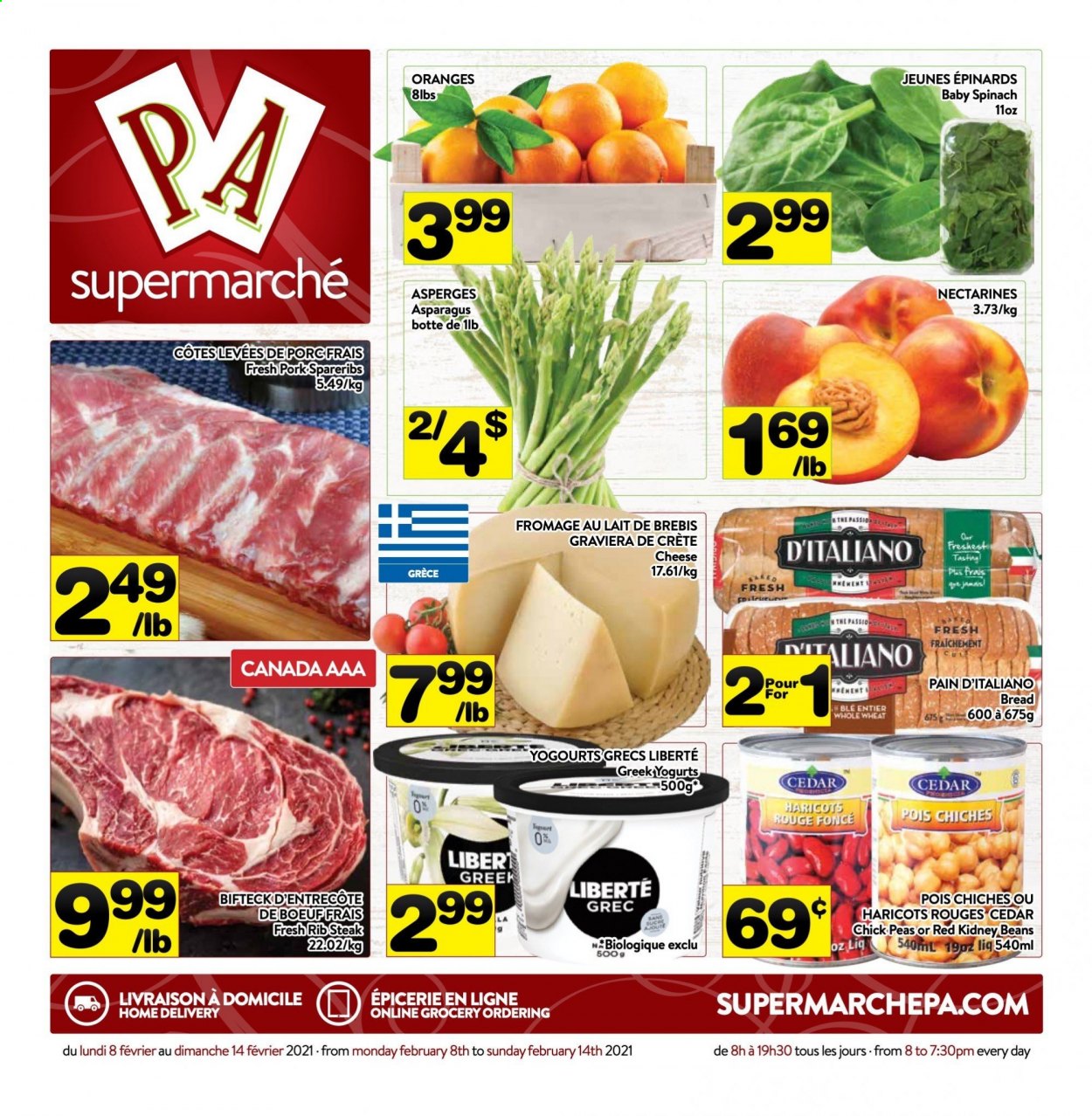 thumbnail - PA Supermarché Flyer - February 08, 2021 - February 14, 2021 - Sales products - bread, asparagus, beans, spinach, peas, nectarines, cheese, kidney beans, pork spare ribs, steak. Page 1.