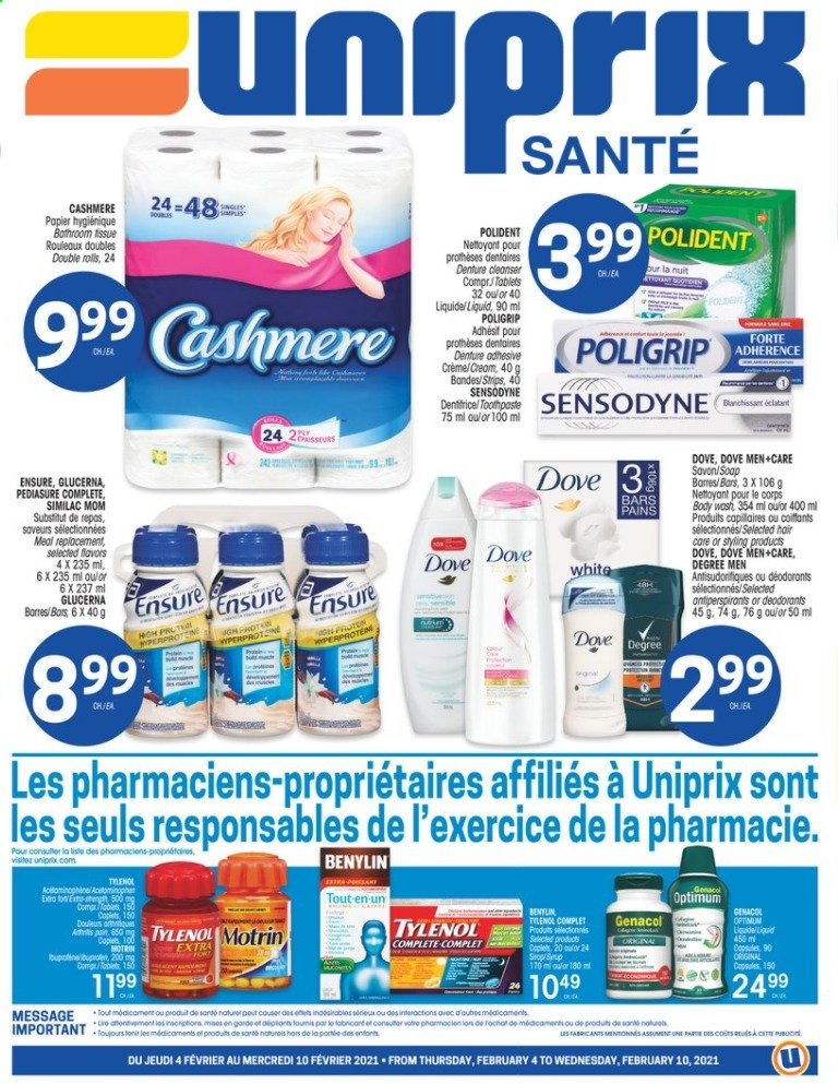 thumbnail - Uniprix Santé Flyer - February 04, 2021 - February 10, 2021 - Sales products - Similac, Polident, cleanser, Tylenol, Glucerna, Benylin, Motrin, Sensodyne, deodorant. Page 1.